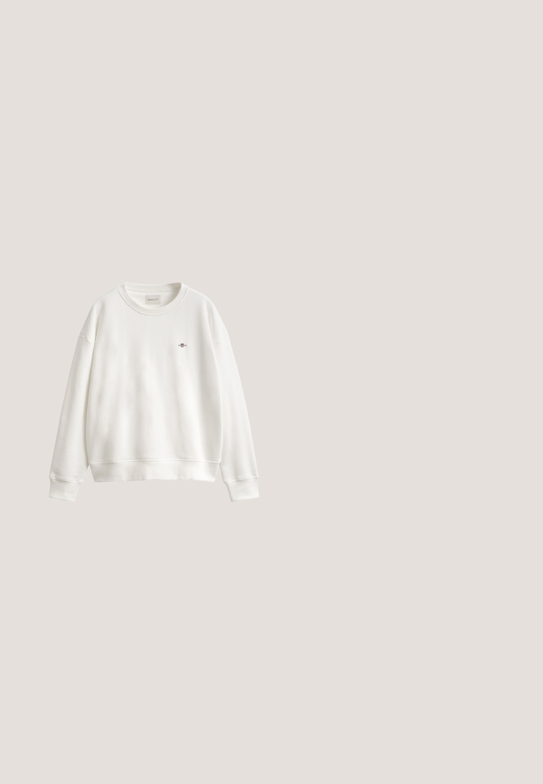 Sweat-shirt blanc à manches longues avec col rond, poignets et ourlet côtelés, petit logo brodé sur la poitrine gauche et étiquette GANT à l'intérieur du col.; Chemise à manches longues de couleur violet clair, avec col pointu et coutures apparentes sur le devant et les manches.; Jean bleu clair taille haute à jambes droites avec bouton avant, passants de ceinture et design classique à cinq poches sur fond uni.; Baskets avec une tige en cuir crème, des accents en suède marron, des lacets marron et un contrefort de talon noir. Dotées d'une semelle en caoutchouc texturée.; Sac à main structuré beige avec deux poignées supérieures, une bandoulière amovible et un patch logo rectangulaire sur le devant.; Boucles d'oreilles en argent avec une finition polie et un branding DKNY, présentées sur un fond blanc uni.