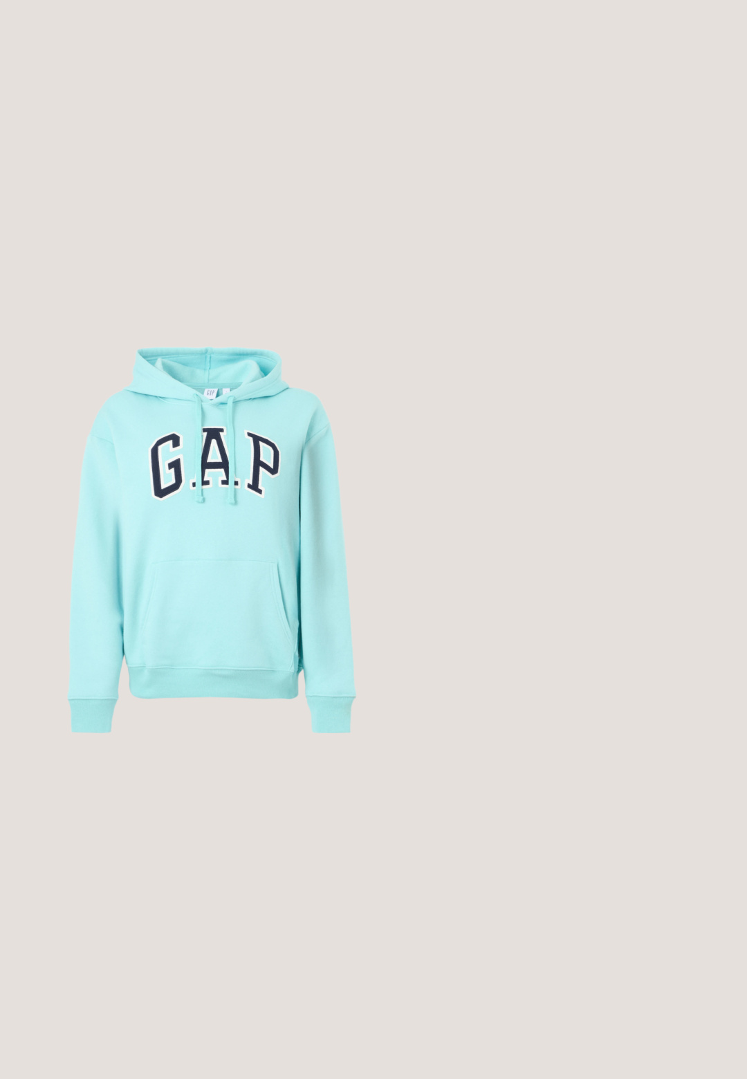 Sweat à capuche GAP bleu clair avec poche avant, capuche à cordon et lettres contourées bleu marine formant le mot GAP sur la poitrine.; T-shirt blanc à manches courtes en côtes, avec le logo noir "GAP" centré sous l'encolure à l'avant.; Pantalon de survêtement gris clair avec taille élastique, cordon, poignets élastiques et logo blanc "GAP" sur la partie supérieure de la cuisse gauche.; Baskets beiges avec un mélange de matériaux lisses et texturés, dotées d'une semelle épaisse, de lacets décoratifs et d'une languette à l'arrière.; Sac à main rectangulaire en velours côtelé gris foncé avec deux poches zippées à l’avant, deux poignées et une bandoulière réglable sur fond blanc.; Petites boucles d'oreilles créoles ton argent avec un motif texturé le long du bord extérieur et des attaches en plastique transparent, présentées sur un fond clair.