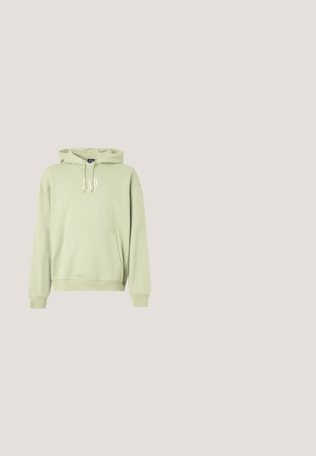 Lys grøn hættetrøje lavet af blødt stof, med en frontlomme og hvidt "GAP" logo. Ribbet manchetter og kant.; Beige T-shirt med korte ærmer og tynde lodrette striber i sort og hvid, rund halsudskæring, vist mod en hvid baggrund.; Lyseblå denimjeans med lige ben, fem-lomme design og en let falmet struktur. Indeholder knap- og lynlåslukning.; Sneaker med en cremefarvet læderoverdel, lysegrå ruskindsdetaljer, runde snørebånd og en tekstureret brun gummisål med mærkelogo på hælen.; Gennemsigtige grå rektangulære solbriller med mørke linser og tykke arme, vinklet på en hvid baggrund.; Sort Calvin Klein-pung med to lynlåslommer foran, diskret logo-mønster, sidehåndtag og logo-mærke nederst i højre hjørne.