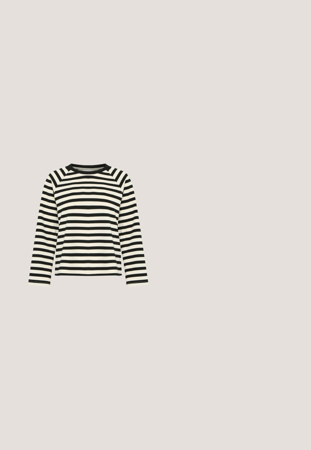 Sort-hvid stribet langærmet top med rund hals og raglanærmer; lavet af glat stof med kontrasterende sort kant.; Stribet ærmeløs tanktop i hvid og navy. Har en dyb V-udskæring, knaplukning foran og en lomme til venstre. Glat stofoverflade.; Sorte bukser med vide ben, elastisk talje og snor, afslappet stil, forfra på hvid baggrund.; Sort læder espadrille slip-on sko med flettet jutesål og kontrastsyet forneden på hvid baggrund, set fra siden.; Sorte oversized firkantede solbriller med mørke linser og tynde gulddetaljer på stellet, hvilende på en hvid overflade.; Sort rektangulær vævet shopper med to lange læderhåndtag og et lille logo med dødningehoved og krydsknogler foran i midten.