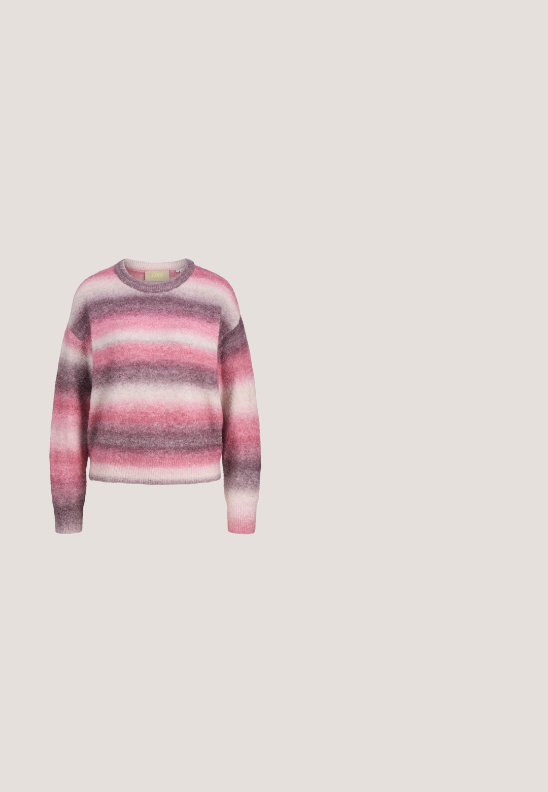 Weicher, flauschiger Pullover mit Rundhalsausschnitt und horizontalen Streifen in den Farbtönen Rosa, Lila und Weiß, langen Ärmeln sowie gerippten Bündchen und Saum.; Rosa T-Shirt mit kurzem Ärmel und Rundhalsausschnitt, dünnen weißen horizontalen Streifen und geradem Saum.; Rosa ausgestellte Jeanshosen aus Denim mit mittelhoher Taille, Akzenten aus goldfarbenem Hardware und Vorderentaschen. Glatte Textur mit klassischer Silhouette.; Niedriger pinker Veloursledersneaker mit hellrosa Streifen, weißen Schnürsenkeln, brauner Gummisohle und "AVA"-Logo an der Seite nahe der Sohle.; Miriade TENDER - Shopping Bag - rosa; Creolen aus Roségold mit kleinen fünfblättrigen Blumenanhängern an jeder Creole, glatte und polierte Oberfläche.