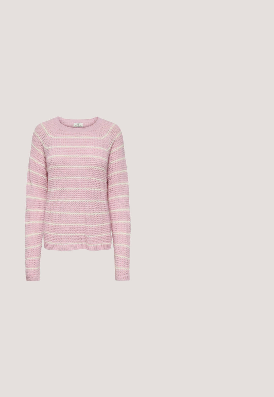Pull rose avec des rayures horizontales crème clair, en tissu texturé, doté d'un col rond et de manches longues.; Veste en velours côtelé rose avec des manches longues, deux poches poitrine et des boutons marron. Elle comporte un col classique et un tissu texturé à côtes.; Pantalon rose clair de coupe décontractée avec fines rayures grises verticales, taille élastique et fermeture à cordon à l'avant.; Baskets en suede rose et bordeaux avec un dessus texturé, des accents blancs et une semelle en caoutchouc naturel. Design lacé et silhouette épurée.; Petit sac d'épaule en tissu rose avec deux poches avant chacune sécurisée par un rabat et un anneau métallique, ainsi qu'une fermeture éclair sur le dessus.; Collier en chaîne argentée avec de petites perles cylindriques rouge corail espacées uniformément et un pendentif en forme d'étoile sur la fermeture réglable.
