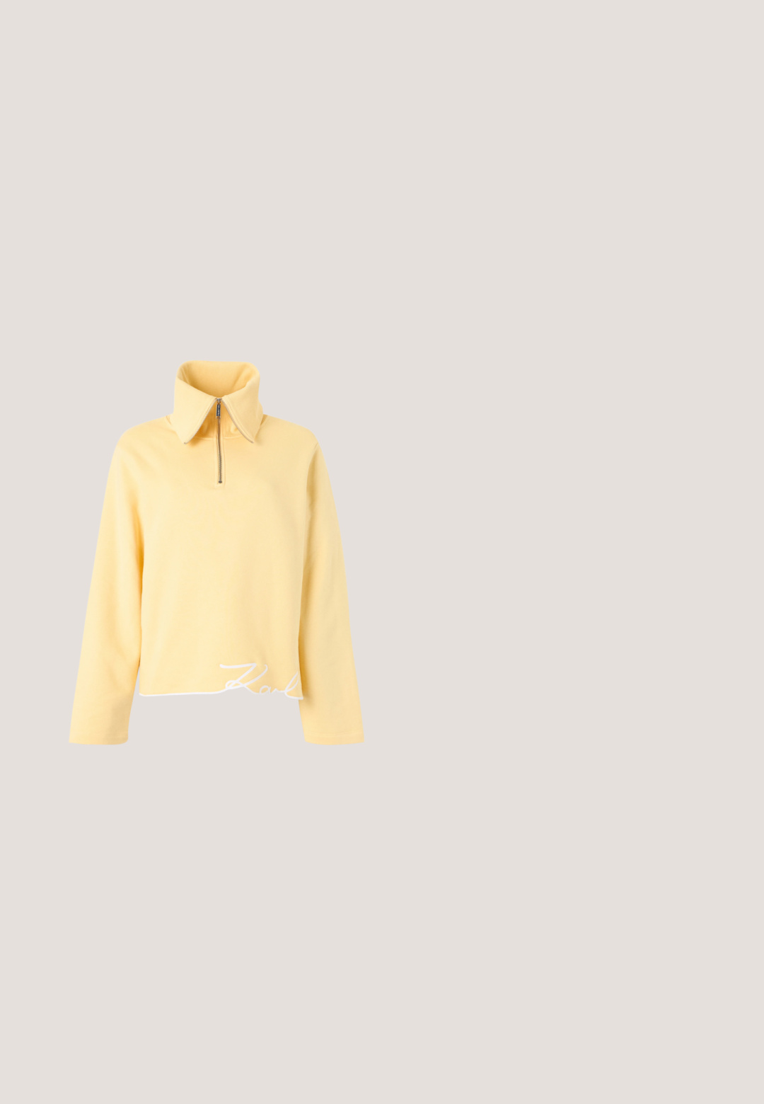 Pull-over jaune à zip avec un large col, des manches longues et un ourlet raccourci. Présente le texte brodé "Karl" en blanc en bas.; Chemise corail rose à manches longues, boutonnée avec col boutonné et petit logo de cheval brodé sur le côté gauche de la poitrine.; Jupe longue jaune clair en tissu respirant, dotée d'une taille élastique avec cordon de serrage pour un ajustement personnalisable. Texture lisse, sans motifs.; Ballerines en cuir beige avec un bout pointu, une bordure élastique noire et un détail de noeud central. Surface lisse et semelle flexible à profil bas.; Sac à bandoulière blanc Calvin Klein avec longues poignées, forme rectangulaire, fermeture éclair et charm logo décoratif suspendu près de la poignée.; Boucles d'oreilles dorées présentant un design en filigrane circulaire avec des accents en cristal bleu, suspendues à un support sécurisé pour une sensation légère.