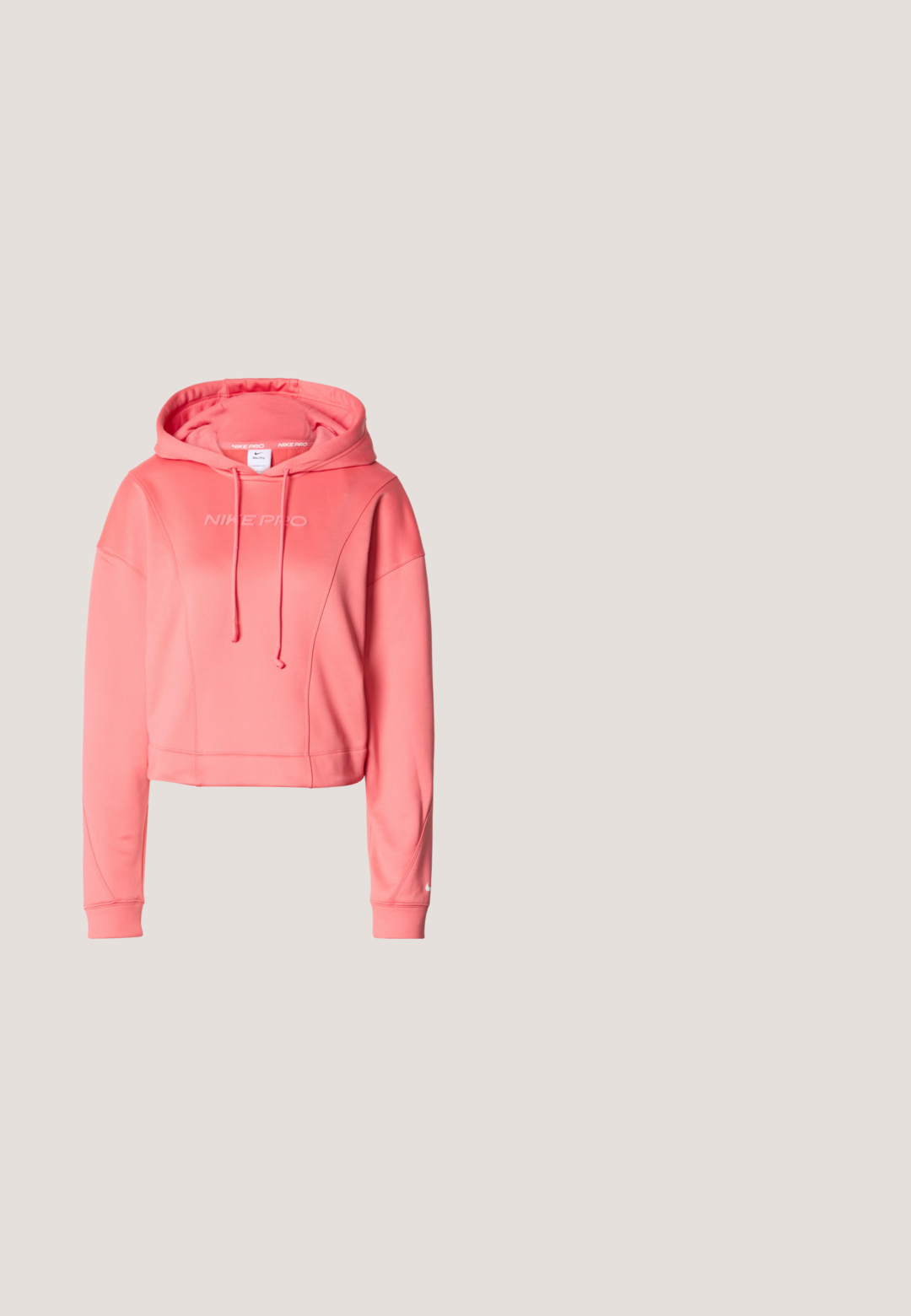 Pink Nike Pro cropped hoodie with a drawstring hood, featuring front logo, ribbed cuffs, and smooth, stretchy fabric.; Sleeveless peach-colored Nike workout tank top with round neckline and small reflective logo on left chest.; Peach-colored athletic shorts with a wide waistband, white trim, and a large white Nike swoosh on the right leg.; Lightweight running shoe with pink, orange, and beige gradient knit, black Nike swoosh, mid-air above rough asphalt with white road markings.; Blue nylon tote bag with black straps, featuring a large white Nike swoosh logo. Top zip closure and additional pocket on the side.; Short pink gloves with black accents, featuring a white Nike logo, padded palms, and fingerless design for enhanced grip and flexibility.