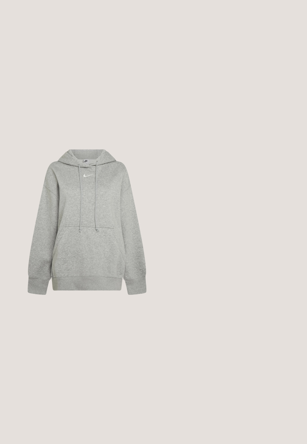 Harmaa huppari pehmeästä kankaasta, jossa on etupussi tasku, säätönyörit ja pieni valkoinen logo rinnassa.; Musta puuvillapaita lyhyillä hihoilla, jossa on valkoinen Nike-logo rinnassa, pyöreä kaula-aukko ja suora helmaleikkaus.; Harmaat collegehousut, joissa on joustava vyötärö, säädettävä naru ja ribbattu alaosa. Valmistettu pehmeästä kankaasta; sisältää kaksi sivutaskua.; Valkoiset Nike Air Max 90 -tennarit, joissa on verkkokangasta ja nahkaa, varustettuna näkyvällä ilma-yksiköllä, yhdistettyinä valkoisiin ribattuihin sukkiin, joissa on musta logo.; Mustat suorakulmaiset aurinkolasit tummilla tummennetuilla linsseillä, paksu muovikehys ja leveät tempurit. Sileä pinta ja kulmikas muotoilu.; Hopehope hopeilla, joissa on minimalistinen muotoilu. Pyöreä muoto, sileä pinta ja ohut profiili. Kevyet ja kiillotetut.