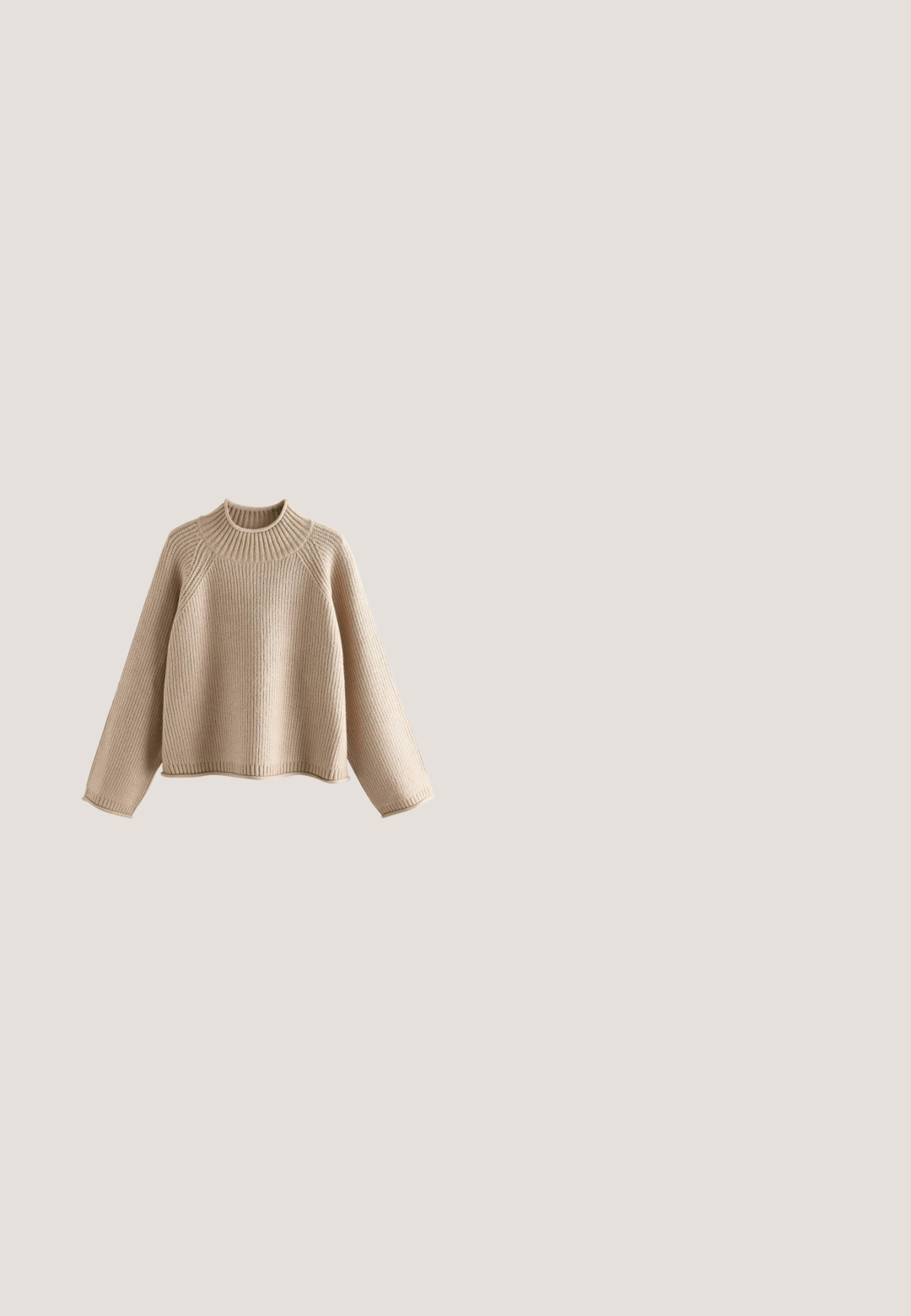 Strikket sweater i lys beige med en ribbestrikket tekstur, udstyret med en høj krave og en bred, afslappet silhuet. Markeret med en struktureret syning.; Brun langærmet skjorte med stående krave og trykknap, to forlommer med klap og skjult knaplukning.; Beige bukser med vide ben, læg, bæltestropper og sidelommer, designet til en afslappet pasform.; Brune læder chelsea støvle med elastiske sidepaneler, en pull-tab og en robust gummisål med dybe riller til traction.; Beige strikket tørklæde med et fiskebensmønster og ribbet tekstur. Har et lille hvidt mærke med "CECIL" i sort tekst.; Læder crossbody-taske i taupefarve med en glat, tekstureret overflade, en sikker rem og minimal branding foran.