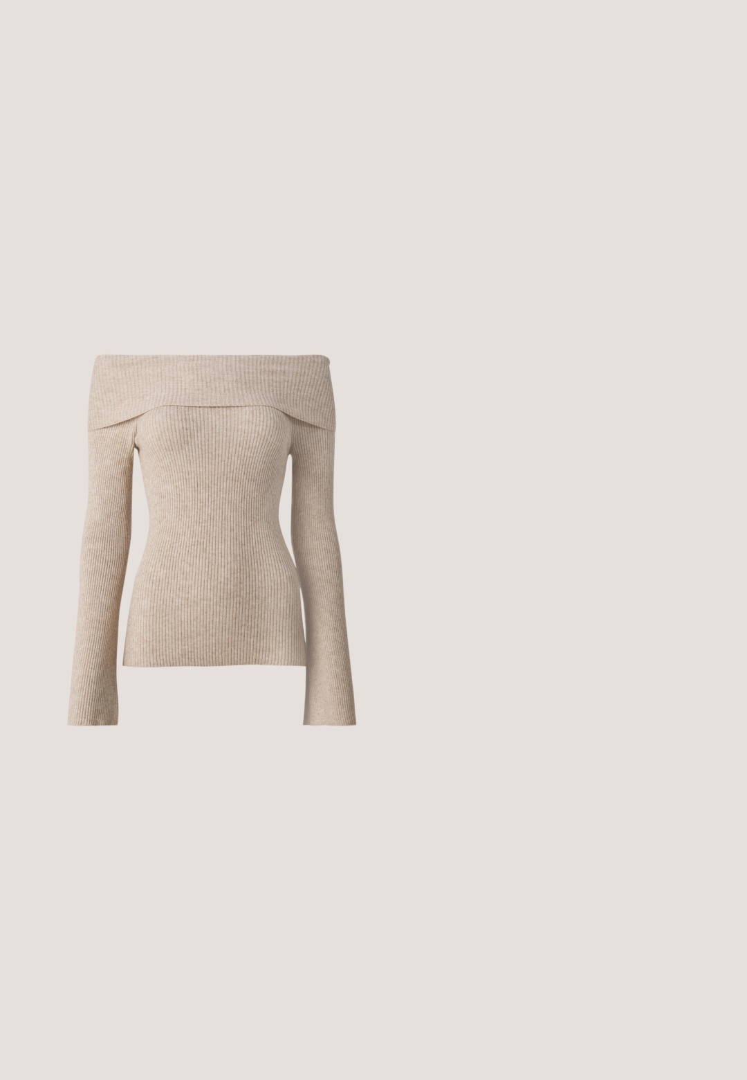 Beige schulterfreier Rippenpullover mit langen Ärmeln, der ein enganliegendes Design und einen strukturierten Stoff aufweist. Glatte Oberfläche mit natürlichen Farbvariationen.; Helles blauweite Jeans im Denim-Stil mit hoher Taille, ausgewaschenem Finish und seitlichen Taschen mit sichtbaren Nähten.; Hoher dunkelbrauner Leder-Cowboystiefel mit gestickten dekorativen Mustern, spitzer Spitze und gestapeltem Blockabsatz.; Schwarze, eckige Sonnenbrille mit grauen Gläsern; aus Kunststoff gefertigt, mit dicken Bügeln, die eine glatte Oberfläche und keine sichtbaren Beschläge haben.; Dunkelbraune Leder-Schultertasche mit gebogener Form, glatter Textur und einem verstellbaren Tragegurt. Verfügt über einen Reißverschluss.; Silberne Creolen mit einer glatten, glänzenden Oberfläche. Kreisform, ausgestattet mit einem sicheren Verschluss. Einfaches und elegantes Design.
