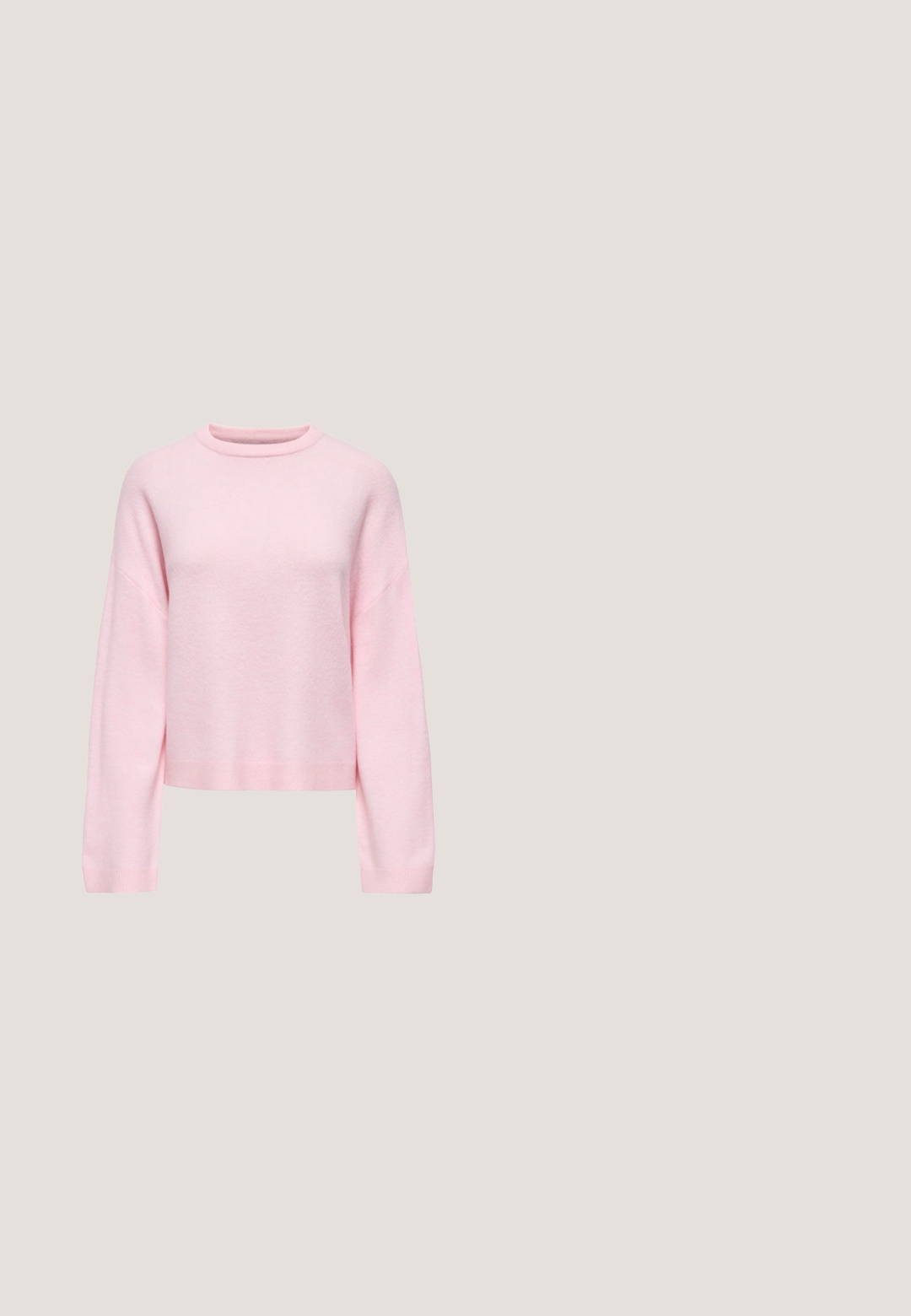 Hellrosa Pullover aus weichem Stoff mit Rundhalsausschnitt und abfallender Schulterpartie, langen Ärmeln und gerippten Bündchen.; Rosa Kordjacke mit langen Ärmeln, zwei Brusttaschen und braunen Knöpfen. Sie verfügt über einen klassischen Kragen und einen strukturierten, gerippten Stoff.; Burgunderfarbene weite Hose aus weichem Stoff, mit hohem Bund und seitlichen Taschen. Glatte Textur mit geradem Schnitt.; Weißer Plateausneaker mit pastellblauen, rosa und lavendelfarbenen Einsätzen, weißen Schnürsenkeln und metallisch goldenem Fersendetail vor einfarbigem Hintergrund.; Weiche rosafarbene rechteckige Leder-Umhängetasche mit goldener Kette und Logodetail sowie verstellbarem Riemen vor weißem Hintergrund.; Goldene Creolen mit abgerundeter Form, verziert mit pinken Stein-Akzenten und einer strukturierten Oberfläche, gesichert durch einen Stecker und einen Rückenverschluss.