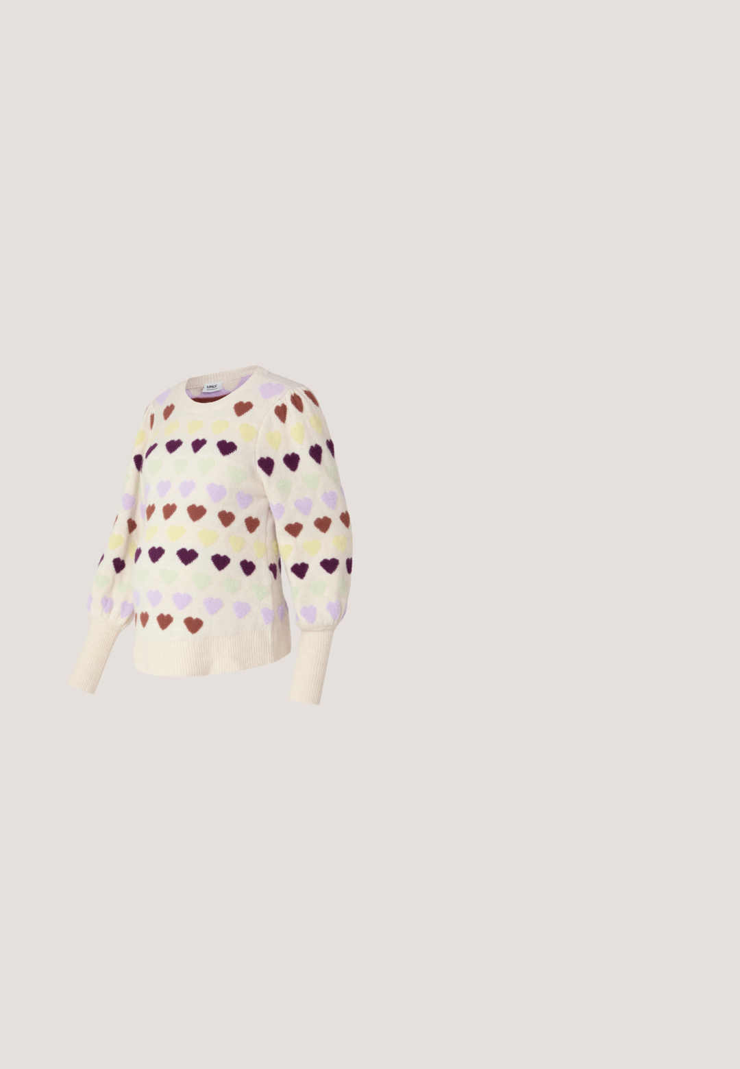 Beige neule, jossa on pyöreä pääntie ja puffi hihat, jossa on monivärisiä sydänkuvioita purppuran, vihreän, keltaisen ja ruskean sävyissä.; ONLY MATERNITY Peplum OLMMALAYA Peplum - T-paita - black; Musta äitiysfarkut joustavalla korkealla vyötäröllä, joka on suunniteltu raskaana olevan vatsan mukauttamiseen, esitetty yksivärisellä taustalla.; Vaaleanruskea korkeavartinen lenkkari, jossa on valkoinen kumipohja ja kärki, ilmassa harmaan teksturoidun betonireunan yläpuolella epätarkkaa taustaa vasten.; Mustat nahkakassit, joissa on sileä pinta, pyöreä muoto ja yksi olkahihna, jossa on pyöreä kultainen varuste.; Korvakorut hopeasävyssä, joissa on aaltoileva, tekstuuroitu muotoilu, muotoiltuna päällekkäisiksi puolikuuiksi; kiiltävä pinta parantaa heijastavia ominaisuuksia.