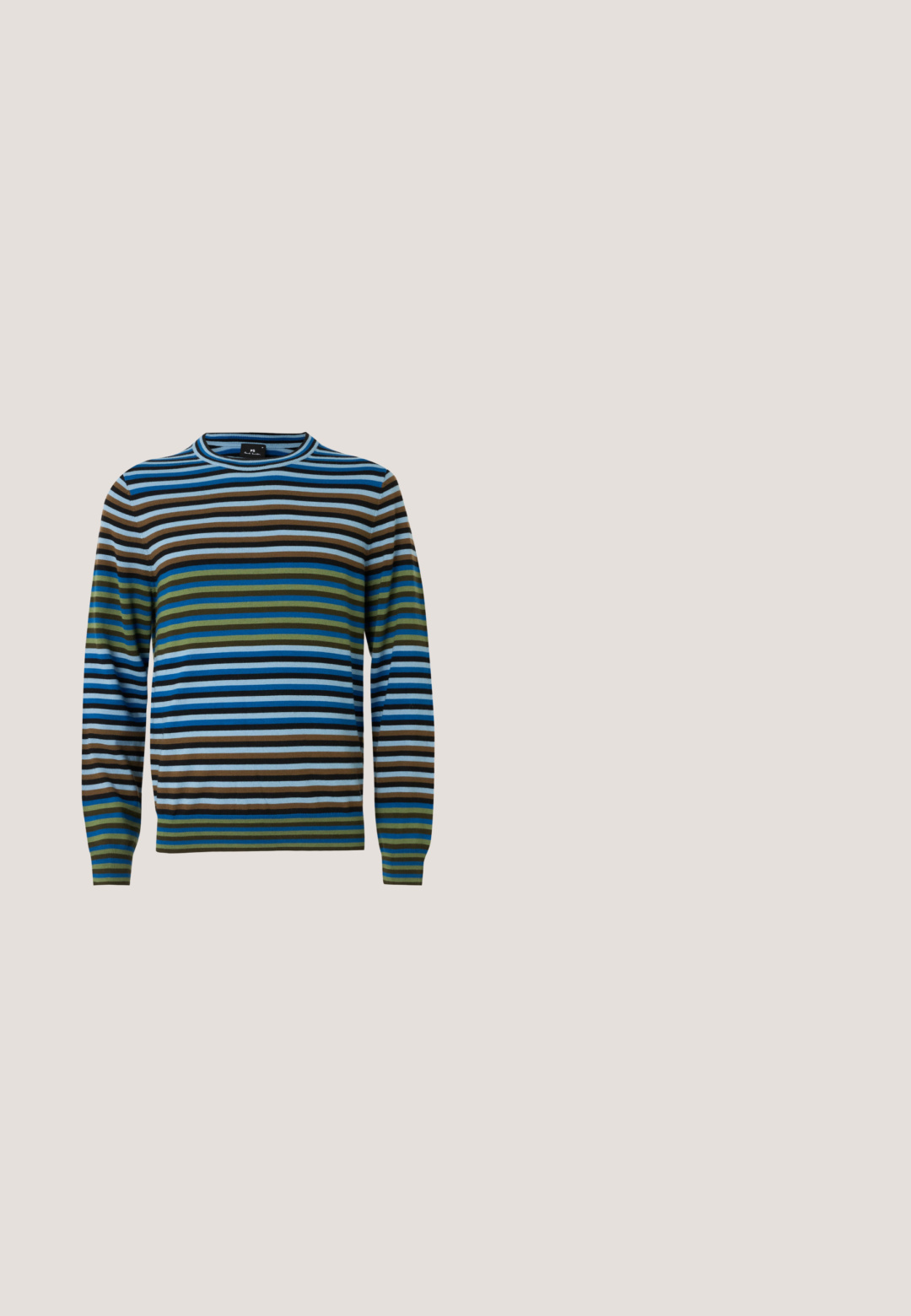 Gestreepte trui met horizontale lijnen in blauw, groen, bruin en grijs; gemaakt van zacht materiaal met een ronde hals en geribbelde manchetten.; Wit T-shirt met korte mouwen met een afbeelding van vijf overlappende gekleurde cirkels, waarvan de laatste lijkt op een meerkleurige voetbal, en kleine tekst eronder.; Heren slim-fit donkerblauwe corduroy broek met voor- en achterzakken, riemlussen en een knoopsluiting.; Witte leren sneaker met geperforeerd ontwerp, gumrubberen zool, groene hielaccent en kleurrijke streepdetails aan de zijkant.; Heldere kunststof zonnebril met bruin getinte lenzen. Ovale framevorm. Metalen accenten op het frame. Kleurrijke strook op de uiteinde van het arm.; Geweven riem van meerkleurige stof met rode, gele, blauwe en beige strengen; zwarte leren uiteinden; zilveren metalen gesp.