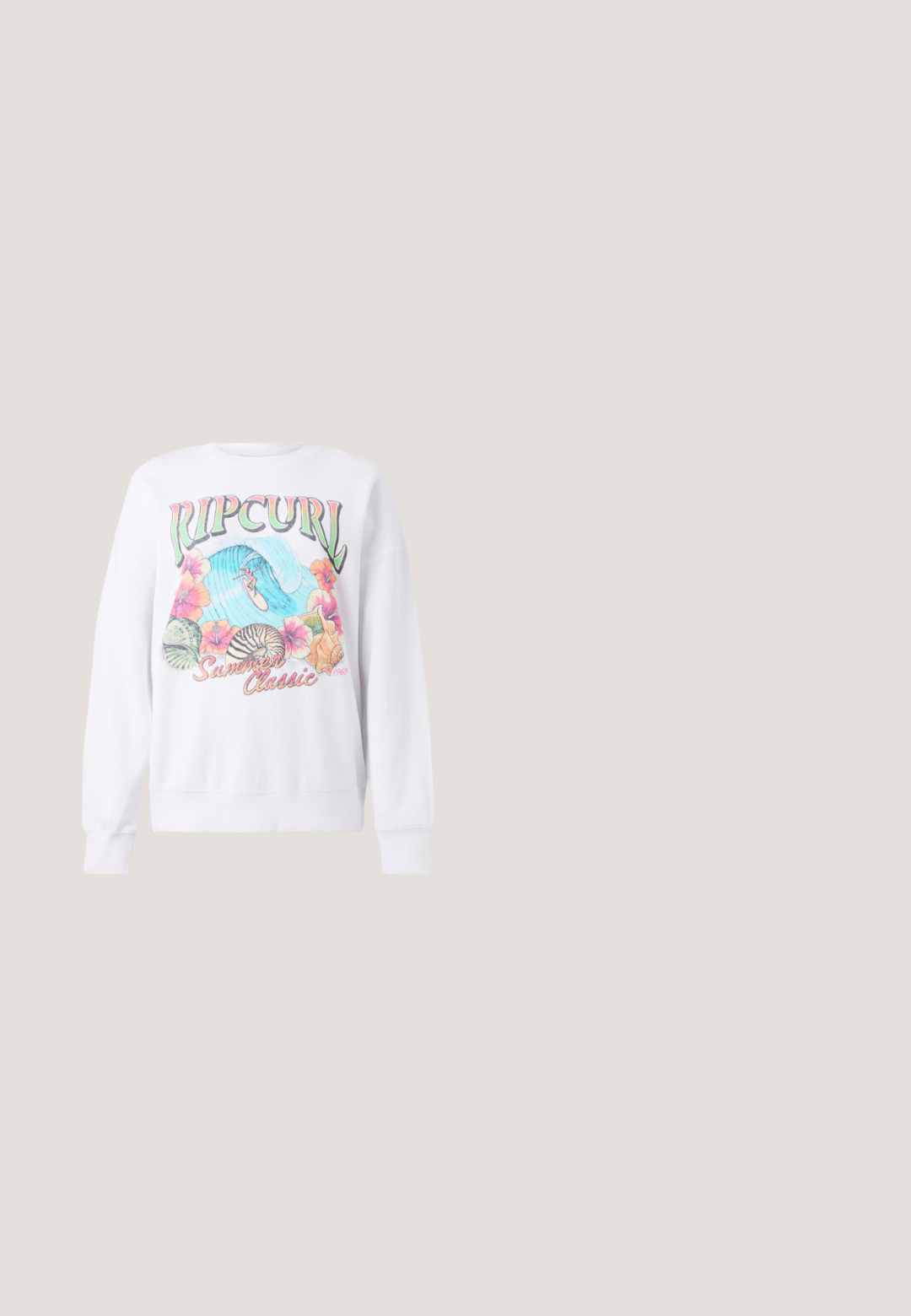 Weißer Sweatshirt mit einem bunten Grafikdruck, der "Ripcurl" oben zeigt, tropische Blumen und eine Surfszene. Klassisch geschnitten.; Weißes ärmelloses Tanktop mit pinker und oranger Blumen- und Kronengrafik und dem Text "ROXY Juice" auf der Vorderseite.; Mintgrüne Shorts aus weichem Material, mit einem elastischen Bund und verstellbarem Kordelzug sowie Seitentaschen.; Hellgrüne Leinensneaker mit einem weißen Sprenkelmuster, weißen Schnürsenkeln und Gummisohlen. Niedriges Profil, schlankes Design.; Rechteckiges Täschchen mit vertikalen rosa und grünen Streifen und Reißverschluss auf einfarbigem Hintergrund.; Pinkes Edelsteinkette, bestehend aus kleinen, runden und unregelmäßig geformten Perlen mit einem Verschluss und Verlängerungskette, texturierte Oberfläche.