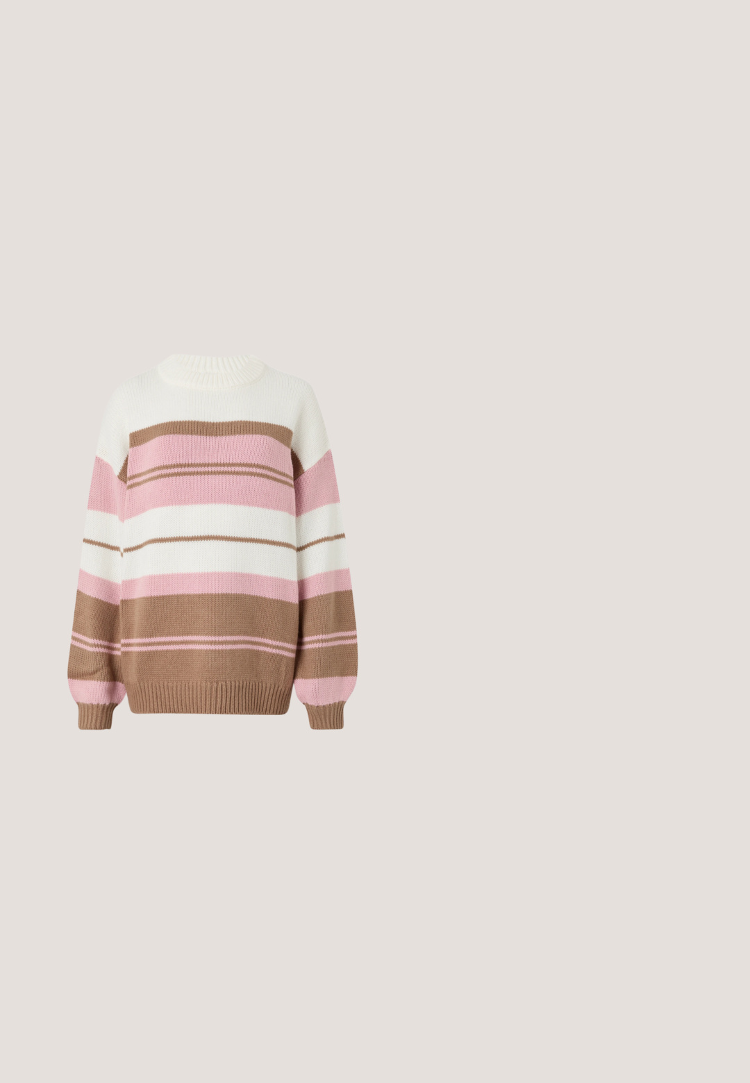 Suéter de punto con cuello redondo, que presenta rayas horizontales en beige, blanco, rosa y rosa claro. Incluye puños y dobladillo acanalados.; Camiseta sin mangas beige con escote en V pronunciado y hombros estructurados, hecha de tela lisa, mostrada sobre un fondo sencillo.; Pantalones de pierna ancha con rayas verticales finas en negro y blanco, cintura elástica y bolsillos laterales sobre un fondo gris claro.; Zapato plano de cuero marrón con puntera afilada y una correa decorativa con una hebilla dorada. Fondo de textura tejida en un cálido tono beige.; Neceser beige con una superficie texturizada, herrajes dorados, cierre de doble cremallera y un patrón sutil. Cuenta con un asa superior para llevar.; Par de pendientes de botón en forma de nudo con acabado dorado brillante sobre un fondo blanco liso.