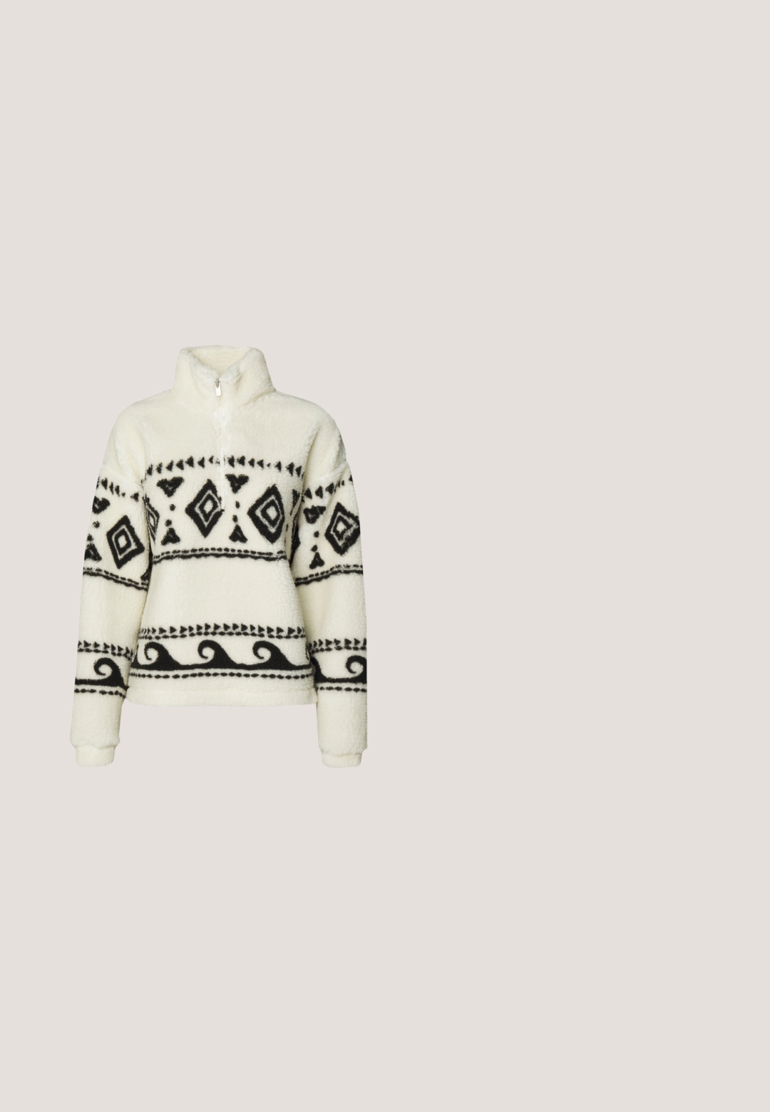 Pull-over en polaire crème avec des motifs tribaux noirs. Doté d'un col zippé mi-hauteur et de manches longues. Texture douce et coupe décontractée.; T-shirt marron tie-dye à manches courtes, avec un design brodé rose au centre et en tissu coton. Encolure ronde.; Good American GOOD 90S CARPENTER - Wide Leg - white denim; Vans OLD SKOOL 36 UNISEX - Baskets basses - bordeaux; Sac à main en cuir verni bordeaux avec une finition brillante, un design rembourré et une sangle rouge réglable. Comprend une plaque logo à l'avant.; Bracelet à chaîne serpent plate ton or avec fermoir mousqueton et chaîne d'extension réglable sur fond blanc.