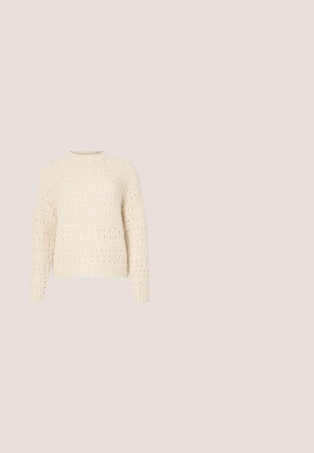 Cremefarvet sweater med struktureret strik, der har vandrette bånd og åbne masker. Rund halsudskæring og lange ærmer. Blødt, chunky materiale.; Esprit Collection Bukser - dusty nude; Hvid lavtop sneaker med hvide snørebånd og gummisål vist fra siden på en neutral baggrund.; Runde solbriller med brune gradientlinser, en tortoiseacetatramme og gyldne metalakcenter på broen og stængerne.; Brun læder tote taske med en glat tekstur, lodrette søm-detaljer og to flade håndtag. Åben topdesign, rummeligt interiør.; Guldøreringe med en glat, poleret overflade. Rund form, mellemstor, med en sikker lukkemekanisme.