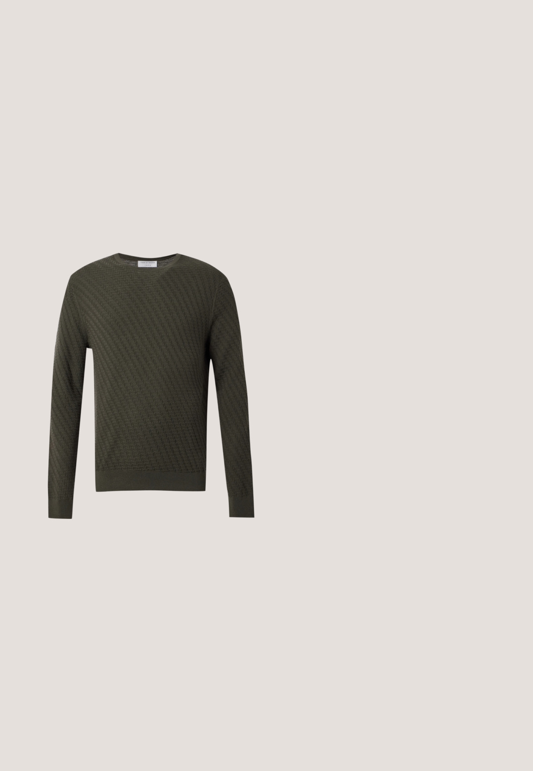 Dark green long-sleeve knit sweater with a subtle chevron textured pattern and round neckline on a plain background.; Long-sleeve olive green button-up shirt with a pointed collar and white buttons down the front.; Navy blue straight-leg trousers with belt loops, front button closure, and side pockets, displayed against a plain background.; Dark brown leather dress shoe with cap toe, closed lacing, and low black heel shown from the side on a plain background.; Dark brown textured leather crossbody bag with adjustable strap and small decorative blue accent on the side.; Dark brown leather belt rolled up with silver rectangular buckle on a white background.