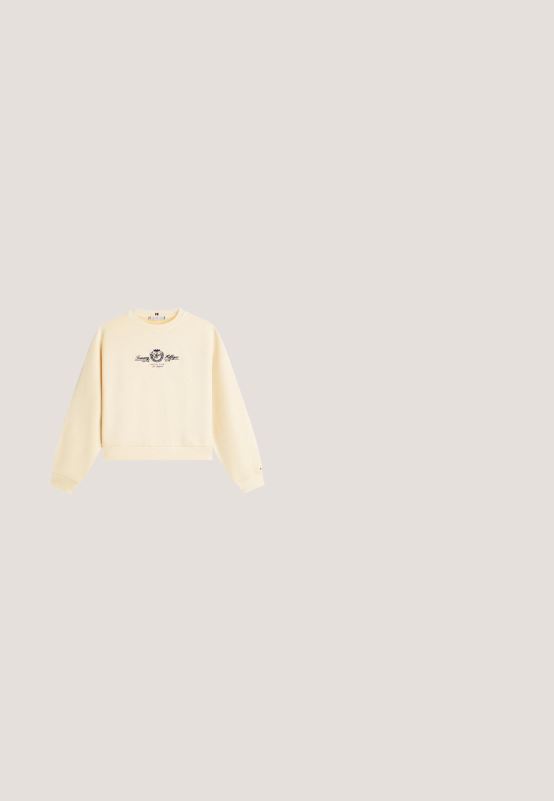 Combinaison courte à manches courtes jaune clair avec fermeture éclair sur le devant, col, taille élastique et petit motif blanc de soleil et de vague sur le côté gauche de la poitrine.; Sweatshirt couleur crème à manches longues, col rond, avec logo noir central et texte indiquant "Tommy Hilfiger Silver Lake Social Club Los Angeles."; Lacoste BASESHOT - Baskets basses - beige; Lunettes de soleil rectangulaires beiges avec des verres marron et une finition mate. Présente un logo "vogue" subtil sur la monture.; Trousse de maquillage marron à motifs avec une fermeture éclair, des accessoires en métal et une poignée supérieure. Présente un emblème de logo sur le devant. Forme rectangulaire.; Bracelet vert à perles avec un pendentif en forme de crocodile doré et une petite perle dorée sur fond blanc.