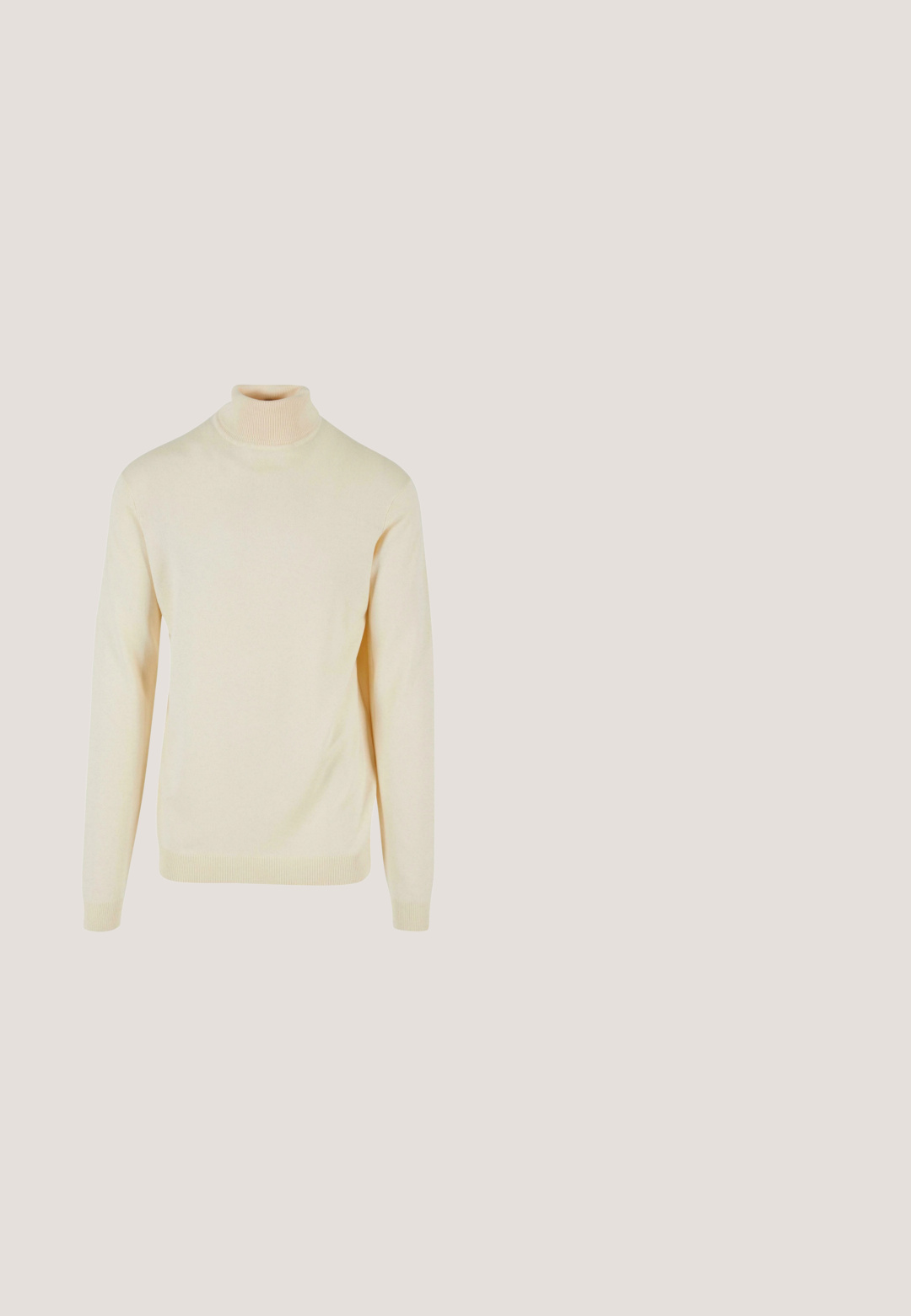 Lys beige turtleneck sweater lavet af blødt strikstof. Har lange ærmer og ribbede detaljer ved kraven og kanten.; Udenærmet cremefarvet v-hals sweater lavet af blødt strikket stof. Har en ribbet halsudskæring og nederste kant, med et lige snit design.; Beige bukser med lige ben, set bagfra, med bæltestropper og to skrålommer på linningen.; Brune ruskinds loafers med rund tå, lav hæl og dekorativ bånd tværs over forsiden. Glat tekstur med minimalt syningdetalje.; Rektangulære brune solbriller med tynd mørkebrun metalramme og buede stænger på hvid baggrund.; Brun læder duffel taske med to øverste håndtag, en front lynlåslomme og en justerbar skulderrem på hvid baggrund.