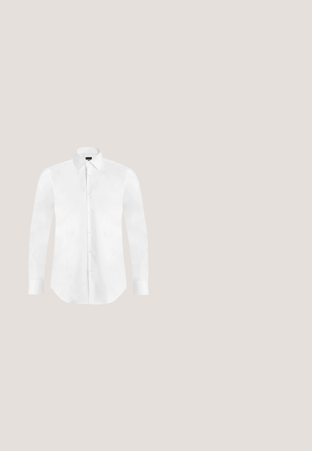 Chemise blanche à manches longues avec boutons et col pointu, posée à plat sur un fond gris clair.; Pantalons gris clair en tissu texturé avec un design à jambes droites, plis simples et ourlets retroussés. Apparence minimaliste et sur mesure.; Chaussure de ville en cuir noir avec un bout arrondi, texture lisse, coutures minimales et une semelle plate avec un branding discret au niveau du talon.; Cravate noire avec petits pois blancs, présentée à plat sur un fond gris clair.; Sac bandoulière en cuir noir avec poche zippée à l'avant et bandoulière réglable sur fond blanc uni.; Ceinture en cuir noir enroulée avec une boucle noire mate rectangulaire et un logo embossé discret sur fond blanc.