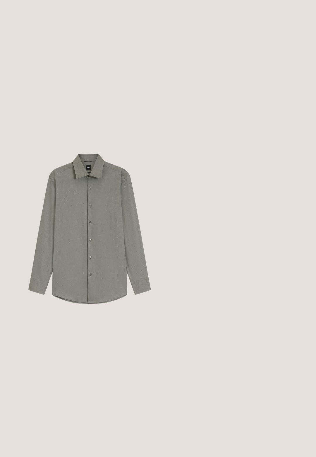 Overhemd met lange mouwen met een klein ruitpatroon in grijstinten, met een puntige kraag en knoopmanschetten.; Grijze broek van een gladde stof, met een knoopsluiting, steekzakken en een slim fit ontwerp.; Zwarte leren dress shoe met een ronde neus, een gladde textuur, minimale naden en een platte zool met subtiele branding op de hiel.; Strakke grijze stropdas met fijn wit micro-ruitpatroon, plat gelegd op een witte achtergrond.; Zwarte aktetas van getextureerd leer met twee handvatten en een afneembare schouderband, met een zilveren rits en metalen beslag.; Zwarte leren riem opgerold met een rechthoekige matte zwarte gesp en een discreet geperst logo op een witte achtergrond.