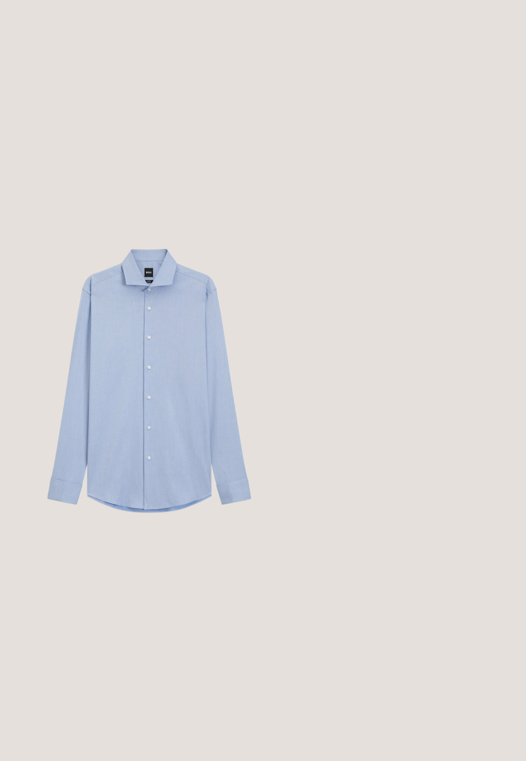 Lichtblauw overhemd met lange mouwen, witte knopen, klassieke kraag en manchetten, plat weergegeven op een witte achtergrond.; Marineblauwe op maat gemaakte broek met plooien aan de voorkant, riemlussen en een taps toelopend ontwerp op een witte achtergrond.; Zwarte leren dress shoe met een ronde neus, vetersluiting, gladde textuur en een low-profile rubberen zool. Minimale stikseldetails.; Marineblauwe stropdas met kleine gele telescoopiconen gelijkmatig verspreid over de stof.; Zwarte aktetas van getextureerd leer met twee handvatten en een afneembare schouderband, met een zilveren rits en metalen beslag.; Zwarte leren riem met een glanzende zilveren metalen gesp, gladde textuur en gestikte randen. Voorzien van een lus om het uiteinde van de riem vast te zetten.