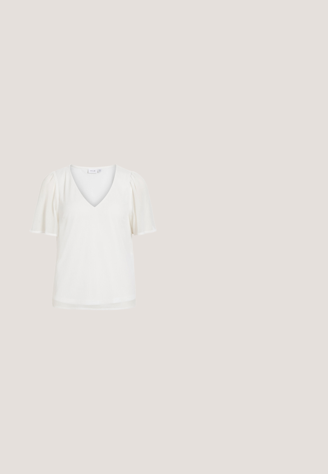 Hvid V-hals bluse med korte pufærmer lavet af letvægtsstof, med et enkelt og elegant design.; Flydende nederdel med elastisk linning, pink baggrund og rødt, hvidt og lyseblåt abstrakt blomsterprint.; Sorte læder knæhøje støvler med en glat tekstur, kraftige såler og side-lynlåse. Designet har diskrete sømdetaljer.; Brun læderhåndtaske med tekstureret finish, buet form, enkelt skulderrem og guldfarvet metalhardware på fronten.; Gul dobbelt-streng halskæde prydet med to hængende krystaller, en større og en mindre, med en delikat kæde og glat tekstur.; Sort læderbælte rullet med en skinnende guldmetalspsænde på en ensfarvet lys baggrund.