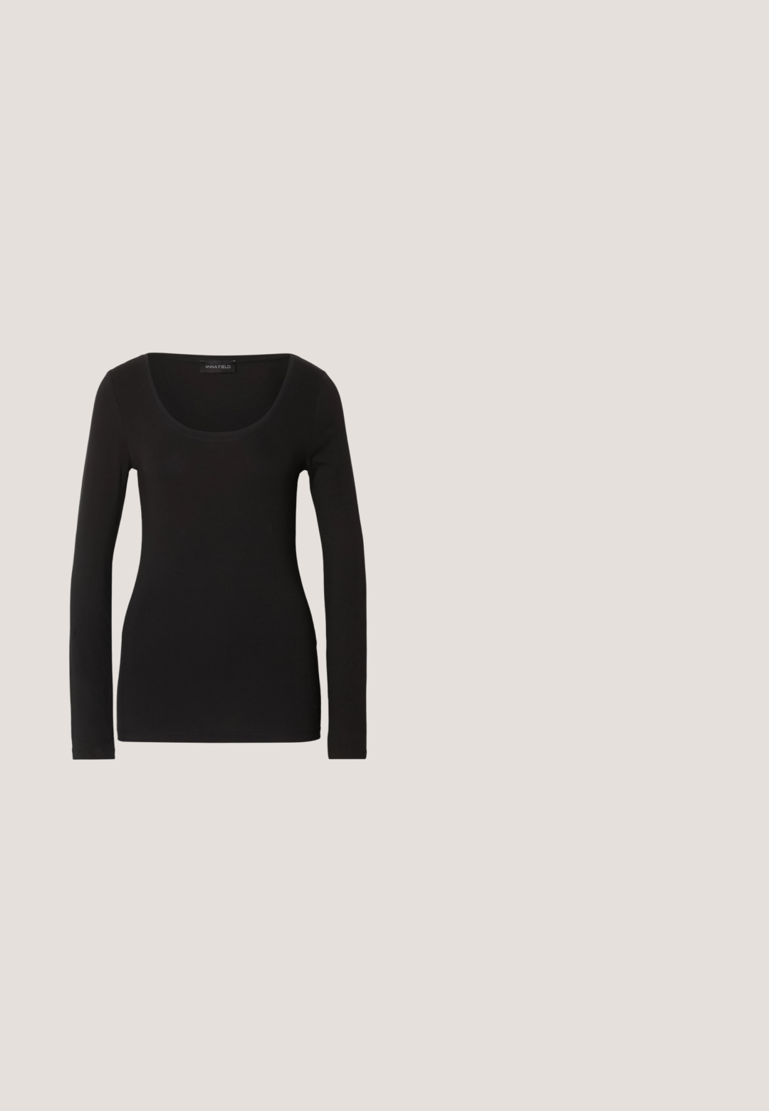Black long-sleeve top with a scoop neckline, made from soft, stretchy fabric. Features a fitted shape and smooth texture. Brand label visible.; Black, knee-length skirt made of soft, stretchy fabric. Features a fitted waistband and a side slit for ease of movement.; Black patent leather platform heels with an ankle strap, round toe, and a chunky square heel, featuring a glossy finish and clean lines.; Black sunglasses with a rectangular frame, dark lenses, smooth plastic material, and a metallic accent on the temple.; Black leather handbag with a structured design, rounded top handle, and detachable shoulder strap. Features a smooth texture and subtle sheen.; Pair of shiny silver hoop earrings with thin wire clasps, displayed on a light gray background.