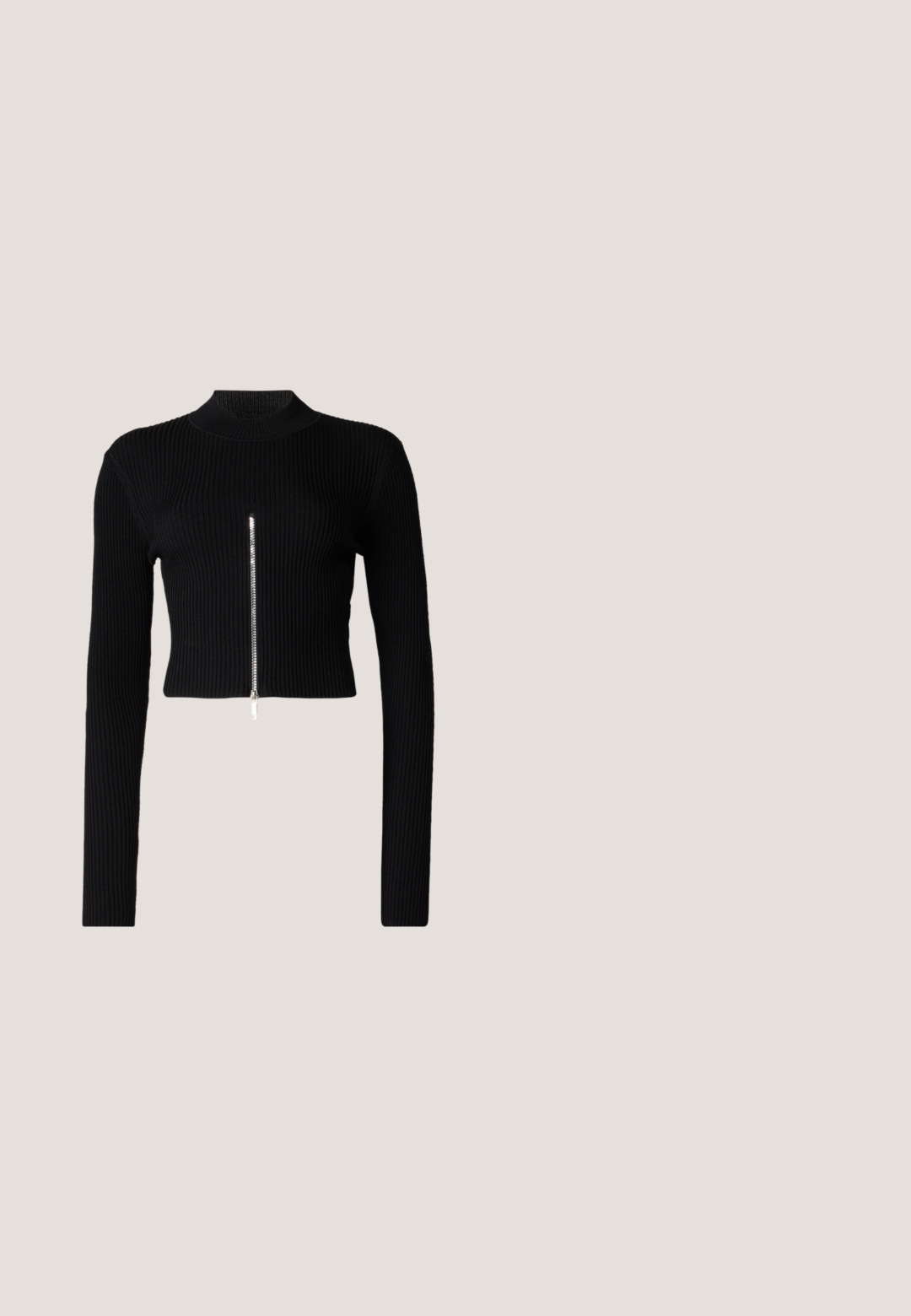 Schwarzer gerippter, taillierter Pullover mit langen Ärmeln, hohem Kragen und einem zentralen, metallischen Reißverschluss-Detail. Glatte Textur und enganliegendes Design.; DSQUARED2 ICON TRUMPET PANT - Stoffhose - black; Graue Leder-Pumps mit Absatz, verknotetem Riemen über den Zehen und Wickelriemen um den Knöchel auf schlankem, mittelhohem Absatz vor weißem Hintergrund.; Schwarze quadratische Sonnenbrille mit dunklen Gläsern, dickem Kunststoffrahmen und schlanken Bügeln. Verfügt über dezente Markierungen an der Seite.; Schwarze Lederhandtasche mit strukturiertem Design, glatter Textur und einem einzelnen Schulterriemen. Verfügt über ein dezentes, abgerundetes Klappendesign.; Silberne Creolen mit gedrehtem Design. Abgerundete Kanten und glänzende Oberfläche. Offen schließende Verschlüsse für einfaches An- und Ausziehen. Glatte Textur durchgehend.