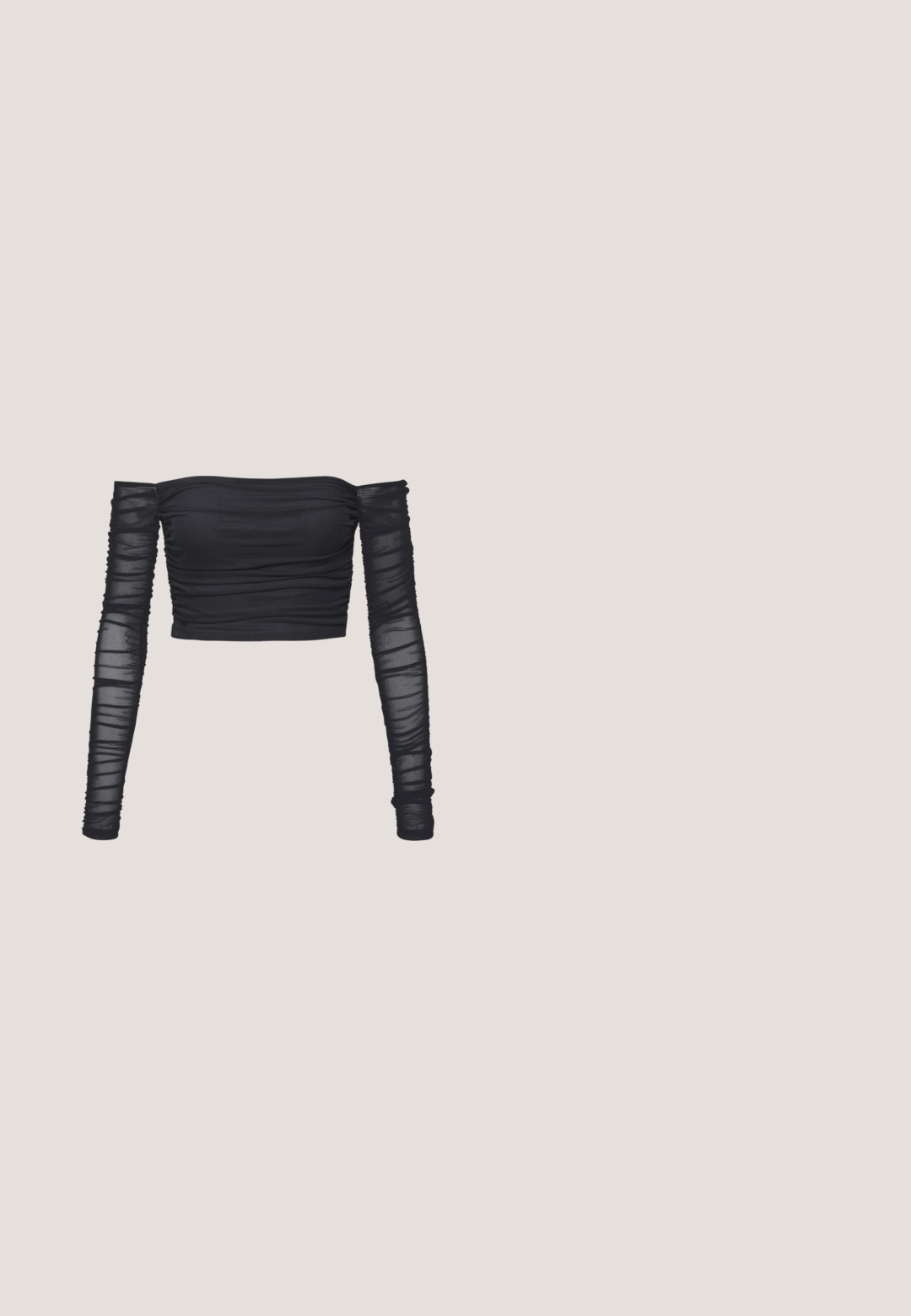 Sort off-the-shoulder crop top lavet af gennemsigtigt stof med lange, rynkede ærmer. Har et tætsiddende design med en glat tekstur.; American Eagle BAGGY WIDE LEG - Wide leg - black wash; Sort klipklap med perforerede sidehuller, lavet af et letvægts plastmateriale. Har en bagrem og en struktureret sål.; Sorte solbriller med rektangulært stel, mørke linser, glat plastmateriale og en metalaccent på templet.; Sort polstret håndtaske med et rundt håndtag, der har en glat, skinnende overflade og en blød, kviltet tekstur. Ingen synlige hardware eller accenter.; Sølvring med dobbeltbånd og en glat, poleret overflade. Den har et flydende, buet design med overlappende sektioner for et moderne udtryk.