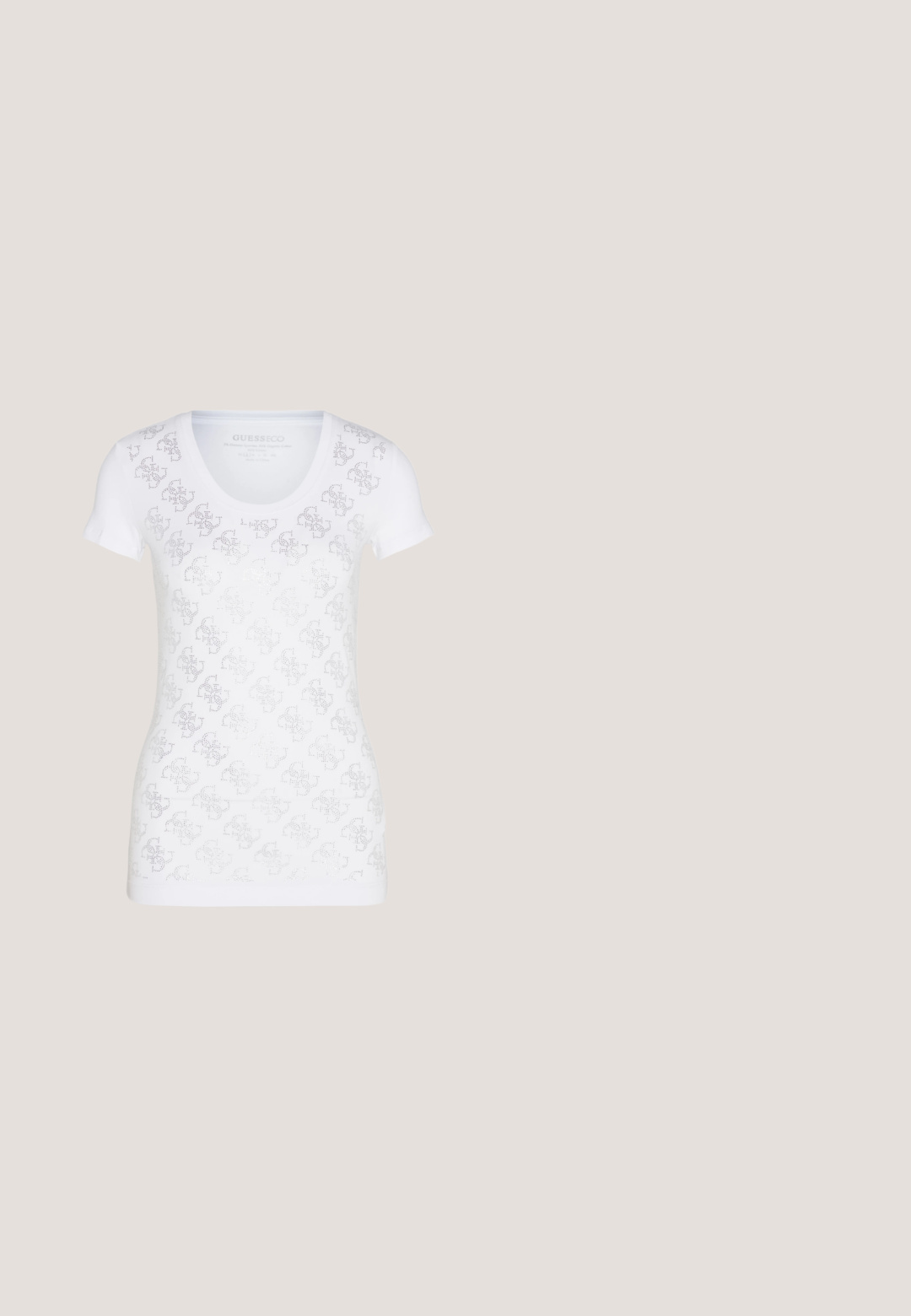 Witte fitted t-shirt van biologisch katoen, met een subtiel textuurpatroon van logo's in een lichtere tint op de stof.; Strakke jeans in middelblauw denim, met een middelhoge taille, vijf-pocketontwerp en subtiele stikaccenten. Soepele textuur en klassieke pasvorm.; Zwarte hoge hakken sandalen met een open teen, dunne banden en een enkelsluiting. Gladde leren textuur met een puntige neus.; Vierkante zonnebril met een schildpadkleurige voorkant en gradient glazen. De pootjes hebben een luipaardprintpatroon met een gouden logo-accent.; Zwarte handtas van imitatieleren met een flapontwerp, gouden kettingriem en driehoekige logo-accent. Soepele textuur met een gestructureerde vorm.; Witte leren horlogeband met gouden en zilveren hardware, voorzien van een driehoekig logo, verstelbare gaatjes en getextureerde accenten.