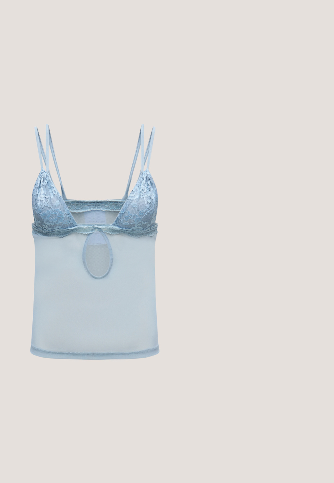 Lichtblauwe kanten bralette met dubbele dunne schouderbandjes en meshstof onder de buste, met een kleine ovale uitsnede in het midden.; Grijze flared jeans met een middelhoge taille, voorkzakken en een knoopsluiting, gemaakt van denim stof met een gladde structuur.; Witte chunky sneakers met dikke zolen, veter-sluiting aan de voorkant en een merketiket. Draagt met lichtblauwe opgerolde jeans op een patroonvloer.; Zwarte rechthoekige zonnebril met donkere lenzen en dikke matte monturen. De zijstukken zijn licht taps toelopend met een gladde textuur.; Zwarte gepatineerde leren handtas met een gebogen vorm, enkele schouderriem, ritssluiting en een decoratieve metalen logo. Gladde textuur.; Even&Odd by Zalando WAIST CHAIN BELT - Riem - silver-coloured