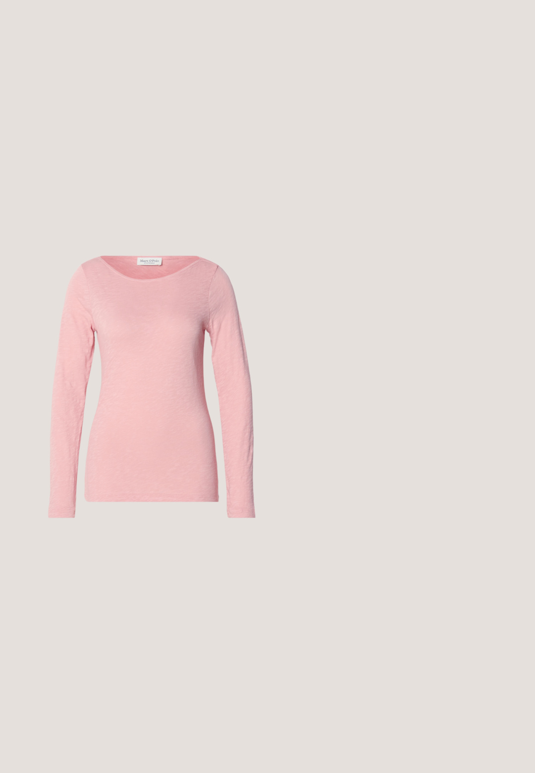 T-shirt à manches longues, col rond, en rose clair, fabriqué en tissu léger et texturé. Fini doux avec un ajustement décontracté et sans embellissements visibles.; Jean denim noir à jambes larges avec poches avant, fermeture par bouton, et coutures apparentes, présenté sur un fond blanc uni.; Bottes noires en cuir montant jusqu'au genou, avec une texture lisse, des semelles épaisses et des zippers sur le côté. Le design présente des détails de coutures subtils.; Sac bandoulière en cuir noir lisse avec une large sangle unique et un design décontracté et minimaliste sur un fond uni.; Boucle d'oreille en argent avec une finition polie, présentant de petits détails en or et de forme ronde, portée sur le lobe.; Ceinture en cuir noir avec une boucle en métal argenté et des accents à double boucle, présentant une finition texturée et une extrémité effilée pour un ajustement sécuritaire.