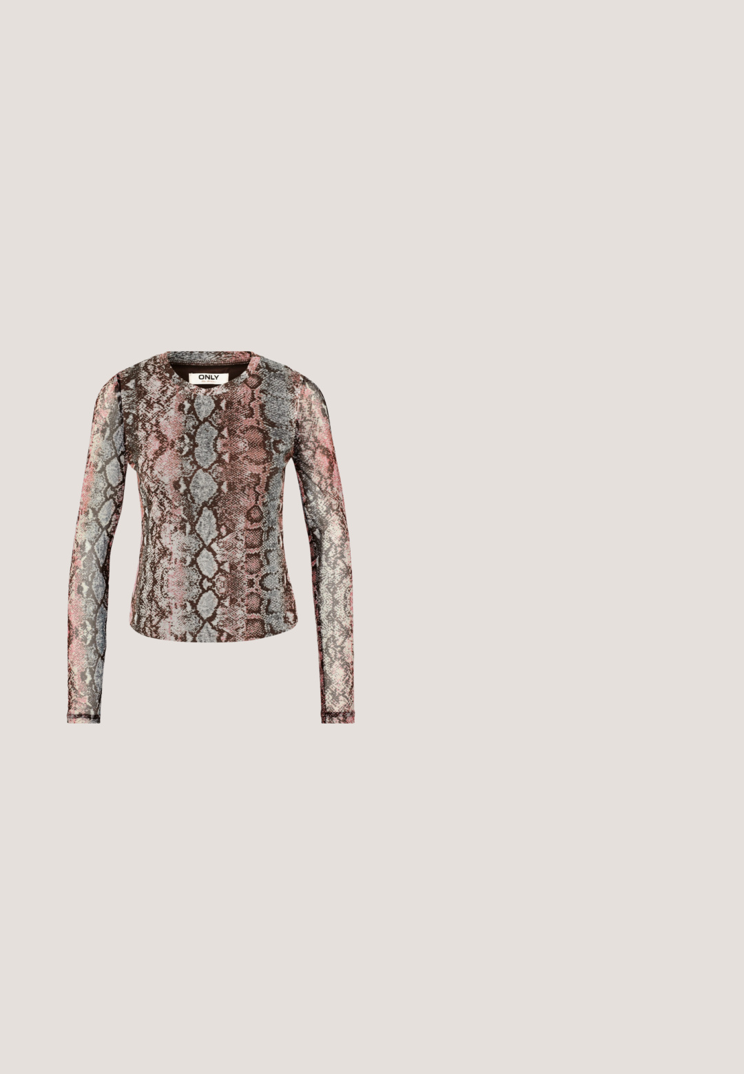 Top de manga larga con un patrón de estampado de serpiente multicolor en tonos de rosa, gris y marrón. Está hecho de una tela elástica y ligera.; ONLY Tall ONLSMOOTH WIDE  - Pantalones - black; Zapatos de tacón bajo negros tipo slingback con punta afilada, decorados con tachuelas plateadas, que presentan un detalle de correa con hebilla.; Gafas de sol ovaladas negras con lentes de tono oscuro y logo de ALDO en las patillas, mostradas sobre un fondo claro.; Bolso de mano de cuero negro con forma redondeada, decorado con detalles de tachuelas plateadas y un asa corta. Textura lisa y cierre con cremallera.; Pendientes de aro plateados incrustados con cristales facetados transparentes, con cierre de poste y tapones auriculares transparentes sobre un fondo blanco.