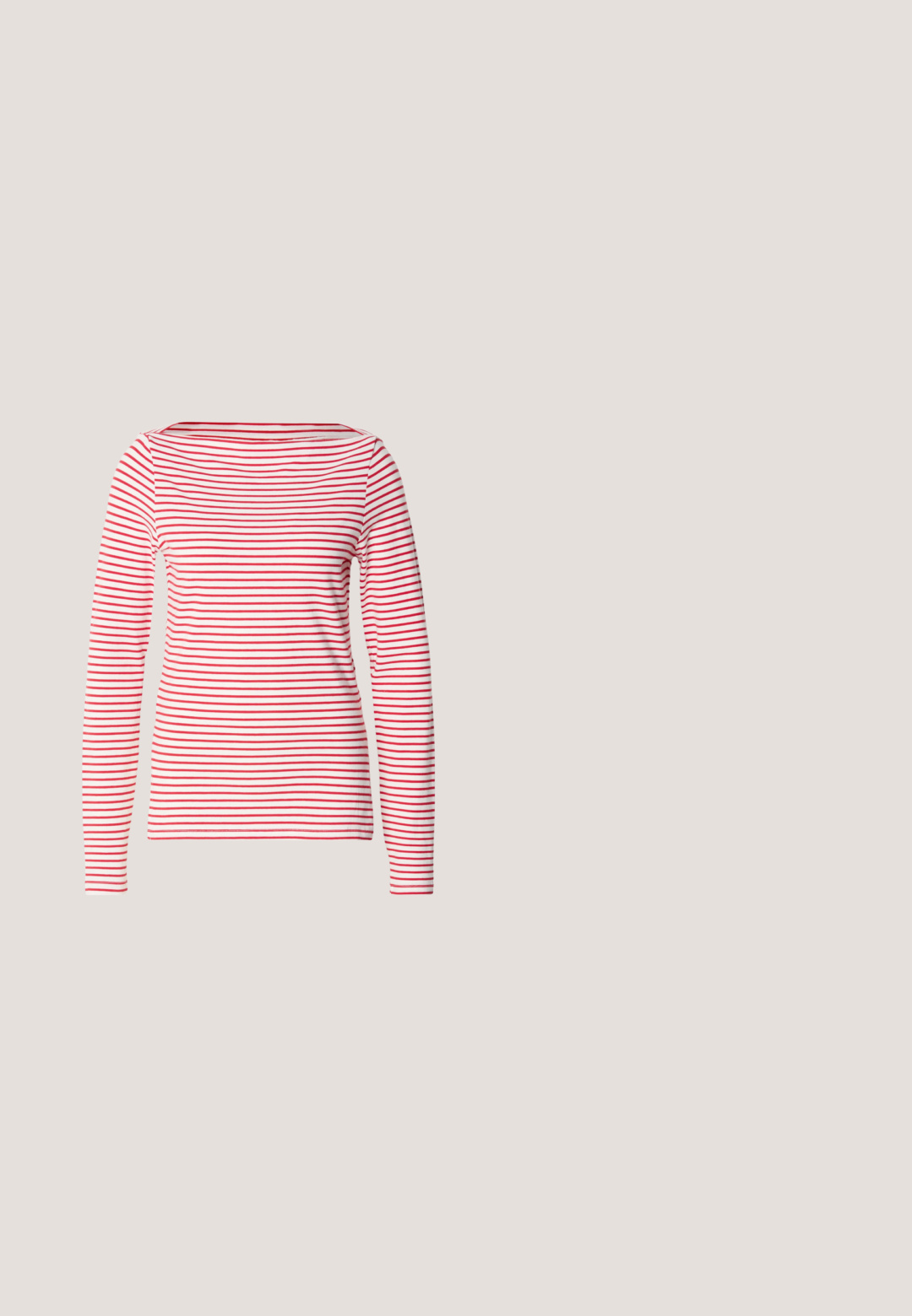 Chemise à manches longues avec des rayures horizontales rouges et blanches, en coton doux, col rond et silhouette cintrée.; Jean en denim noir à jambes larges avec une taille haute, doté de poches standard et d'une fermeture à bouton. Texture lisse avec un léger, stretch.; Chaussure slingback en cuir verni noir avec bout pointu et petit talon bloc incliné sur fond clair uni.; Sac à main rectangulaire noir brillant avec deux fines bretelles et petits détails de boucles dorées à l'avant.; Boucle d'oreille en argent avec une finition polie, présentant de petits détails en or et de forme ronde, portée sur le lobe.; Ceinture en cuir noir enroulée avec une boucle rectangulaire argentée et trois passants sur fond blanc.
