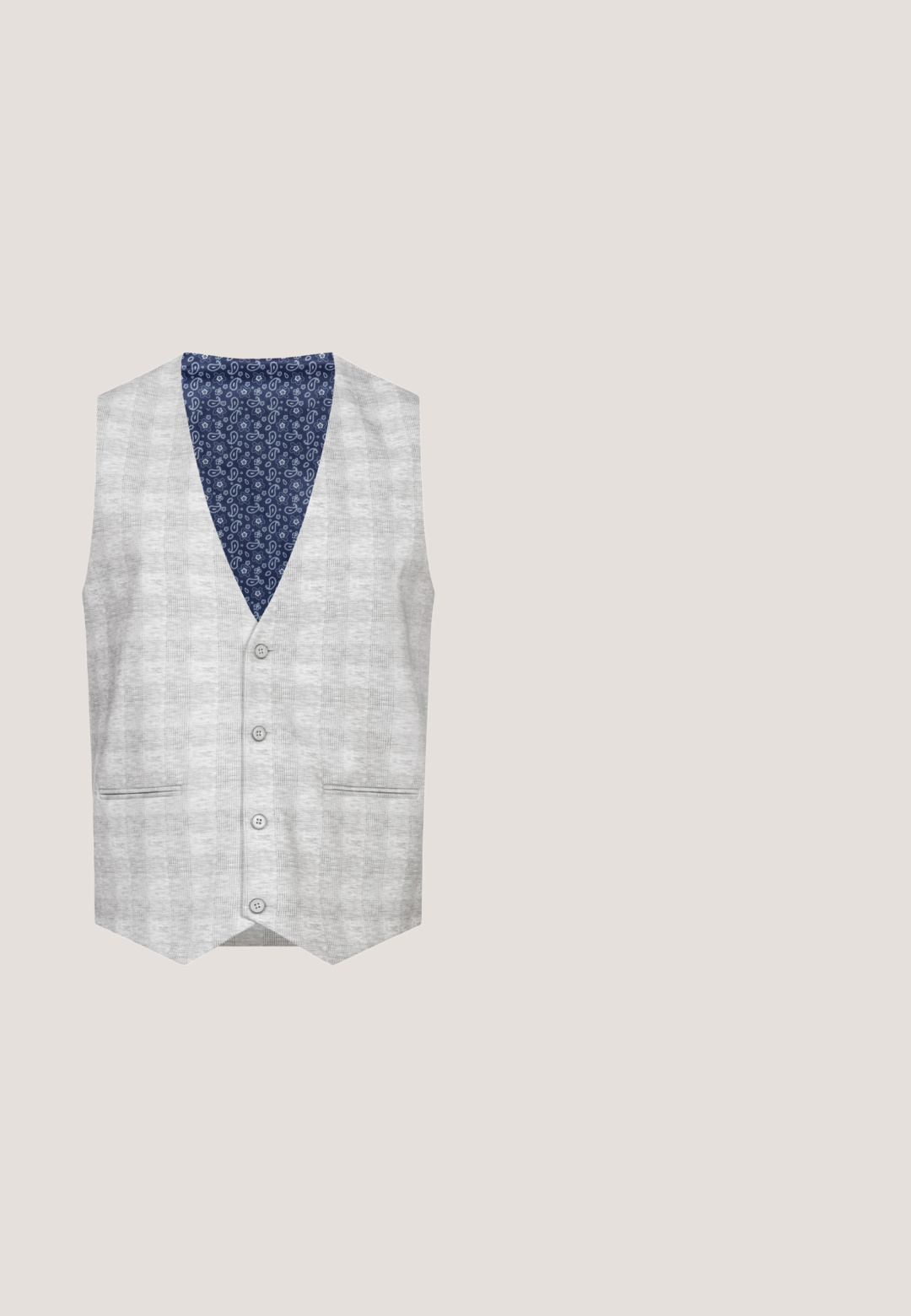 Chaleco gris con un diseño estampado, que presenta un escote en V, cinco botones, dos bolsillos frontales y un forro interior estampado en azul.; Camisa blanca de manga larga hecha de tejido texturizado, con cuello abotonado, bolsillo frontal y pequeño detalle de logo en el pecho.; Pantalones ajustados de color gris claro con una textura suave, que cuentan con un cierre de botón, trabillas para cinturón y bolsillos frontales. Diseño recortado a la altura del tobillo.; Zapato mocasín de ante beige con diseño sin cordones, borlas decorativas, detalles sutiles de costura y suela de goma con puntos texturizados.; Emporio Armani Pulsera - tone; Cinturón tejido color beige con un diseño texturizado, hebilla de metal plateado y costuras a juego. Cuenta con un lazo para el ajuste del exceso de correa.