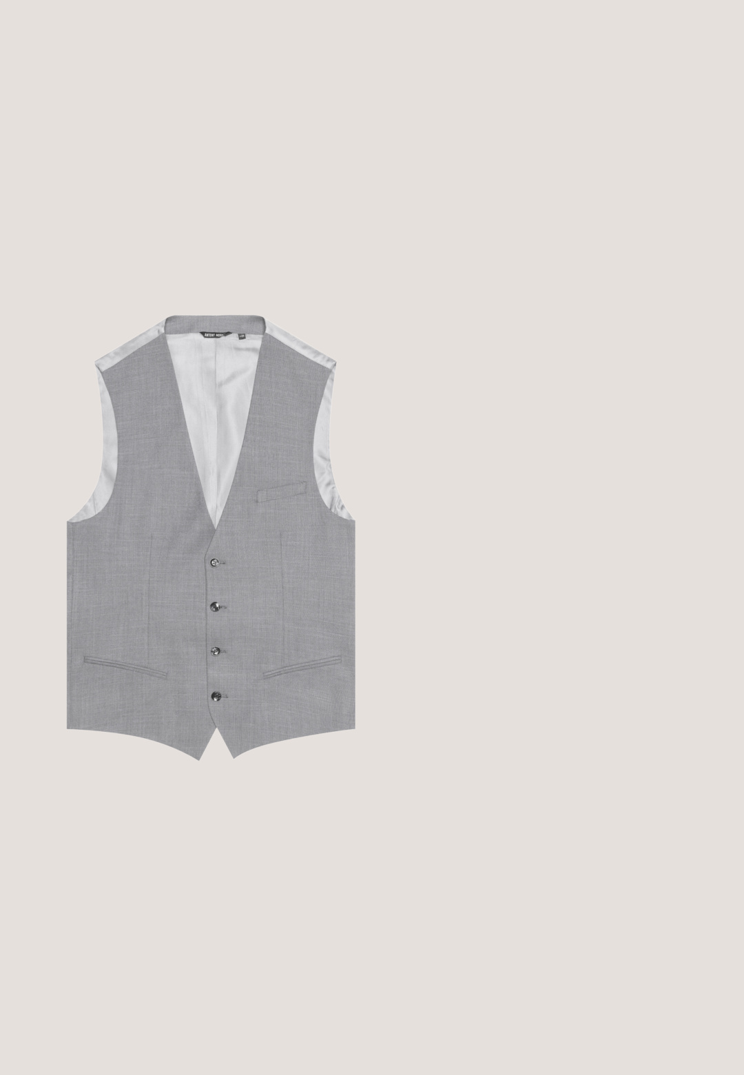 Antony Morato WITH FLAMED EFFECT - Chaleco de traje - medium grey melange; FALKE LUXURY CLASSIC ROLLNECK - Jersey de punto - dark grey  heather; Pantalones gris claro de pierna recta con botón y trabillas, mostrados de frente sobre un fondo blanco.; Mocasín de ante gris claro sin cordones con costura moc toe y suela de goma con clavos, visto de lado sobre fondo blanco.; Bolso de viaje negro con tela texturizada y acentos de cuero suave. Cuenta con asas dobles y un compartimento con cremallera para un acceso fácil.; Cinturón de tela trenzada gris con una hebilla rectangular plateada brillante, enrollado sobre un fondo blanco.