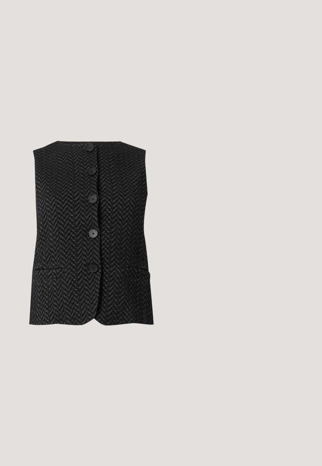 Sort og mørkegrå ærmeløs knappet vest med zigzag mønster og to forlommer på ensfarvet baggrund.; Langærmet lysegrå T-shirt lavet af blødt stof med en scoop-halsudskæring og tætsiddende pasform. Har minimal struktur og ingen mønstre.; Sort blyantskørt med en tekstureret vævning, der har to falske lommer og en bagtil vent for bevægelighed. Glat indre foring.; Bordeaux læder højhælede sko med en rund tå og en ankelrem, der har en moderat konisk hæl og en glat overflade.; Mørkerød lædertaske med top håndtag, justerbar skulderrem, guldfarvet hardware og lille "NEOUS" logo på forsiden.; Vanrycke LETTRINE L PENDENTIF OR ROSE - Vedhæng - rose gold-coloured