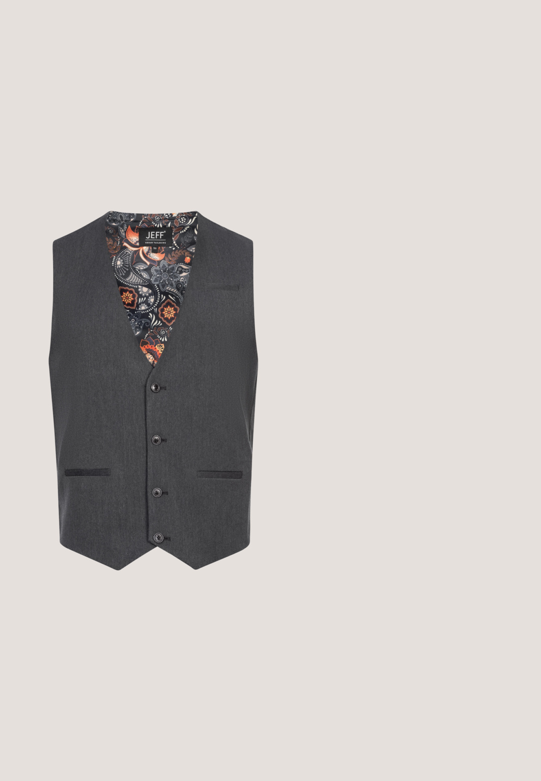 Graue Weste mit V-Ausschnitt, fünf Knöpfen und einer Tasche. Futter mit floralen Mustern in Orangetönen und Schwarz. Texturiertest Material.; Weißes Langarmhemd, knöpfbarer Ausschnitt, klassischer Kragen, glattes Baumwollgewebe, leicht, mit dezenten Nähten und ohne Muster.; Dunkelgraue, maßgeschneiderte Anzughose mit Gürtelösen, Knopfverschluss und feiner vertikaler Textur, präsentiert vor weißem Hintergrund.; Schwarze Lederschuhe mit glatter Oberfläche, abgerundeter Spitze und vier Ösen. Verfügt über einen niedrigen, gestapelten Absatz und dezente Nähte.; Seidensticker Krawatte - anthracite; Porsche Design KOPPEL - Gürtel business - black