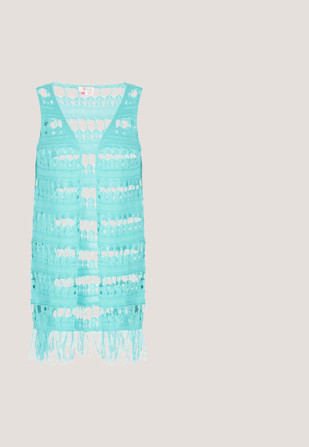 Turquoise haakvest met een V-hals ontwerp, featuring open patronen en franjes langs de zoom. Lichtgewicht en gestructureerde stof.; Lichtblauw geribbeld tanktop met een ronde halslijn en brede schouderbanden. De stof lijkt glad met een lichte stretch. Etiket zichtbaar aan de binnenkant.; Kleurrijke paisley print shorts met een blauwe elastische tailleband, een gegolfde zoom en een mix van roze, geel en blauwe patronen.; LAURA VITA Muiltjes met hak - bleu; Textiel tas met een patronenontwerp in blauw, turquoise, pink en goud. Twee met ritssluitingen afsluitbare compartimenten en eengeweven strap. Rechthoekige vorm.; Ketting met kleine ronde meerkleurige kralen, drie onregelmatige witte parels dicht bij het midden en een gouden sluiting met verstelbare ketting.