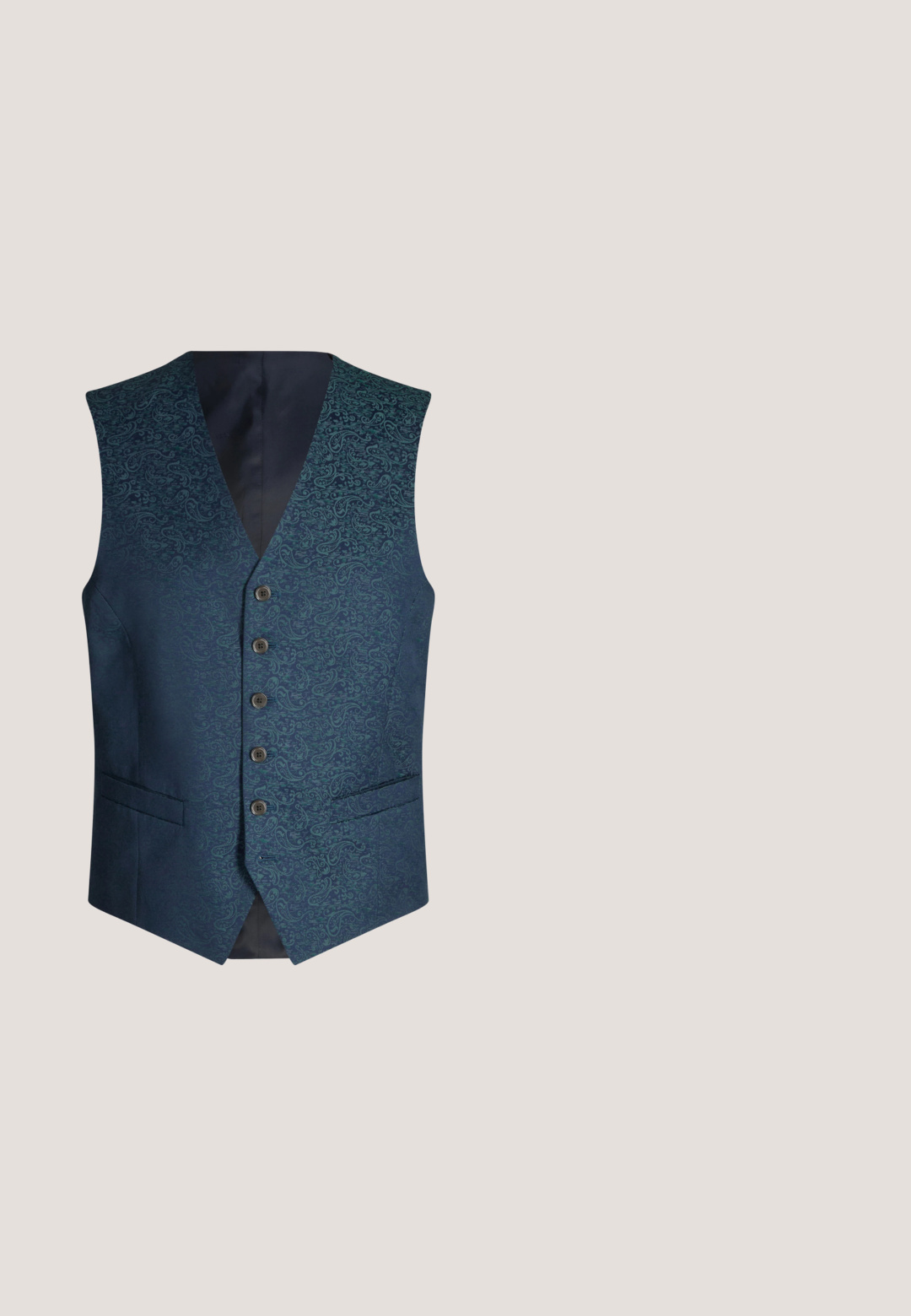 Veste bleue foncée pour homme avec motif paisley, cinq boutons à l'avant, deux poches fendues, sans manches avec col en V.; Chemise habillée pour homme à manches longues, bleu marine, boutonnée, avec col classique et silhouette ajustée, présentée sur un fond blanc.; Pantalon de costume homme bleu marine coupe droite avec passants de ceinture, pli avant et un léger motif texturé sur le tissu.; Chaussure habillée pour homme en daim bleu foncé à lacets, avec semelle noire et petit talon, présentée de profil sur fond blanc.; Lunettes de soleil rectangulaires à monture métallique noire avec verres dégradés foncés et branches fines, portant la marque "BOSS" sur le côté.; Ceinture en cuir noir texturé enroulée avec une boucle rectangulaire en métal noir mat sur un fond blanc uni.