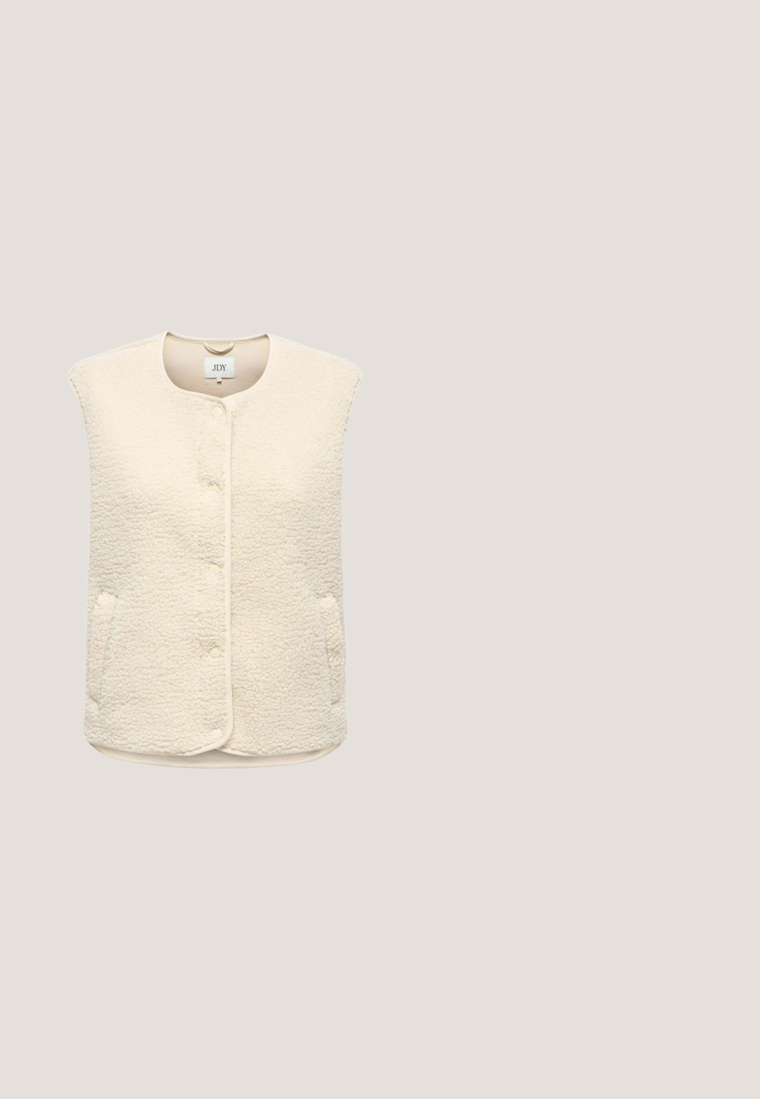 Crème kleurige fleece vest met een zachte textuur, voorzien van een ronde halslijn, een sluiting met knopen aan de voorkant en twee zijzakken.; Fleece sweatpullover in off-white, met een half-rits kraag, capuchon en een textuur die een gezellige uitstraling heeft. Lange mouwen met elastische manchetten.; Strapless top van lichtbeige stof, getailleerd ontwerp met een gladde textuur, naadloze randen en geen zichtbare patronen of hardwaredetails.; Crèmekleurige broek met wijde pijpen, elastische tailleband en koord aan de voorkant, met verticale naaddetails en een ontspannen pasvorm.; Lage beige sneaker met een getextureerde zool, golvende witte zijkanten, leopardenprint veters en een leopardenpatroon op de hiel.; Witte schoudertas van nepbont met een gestructureerde vorm, zilverkleurige hardware en een ritssluiting. Voorzien van een verstelbare leren riem en een logo-accent.