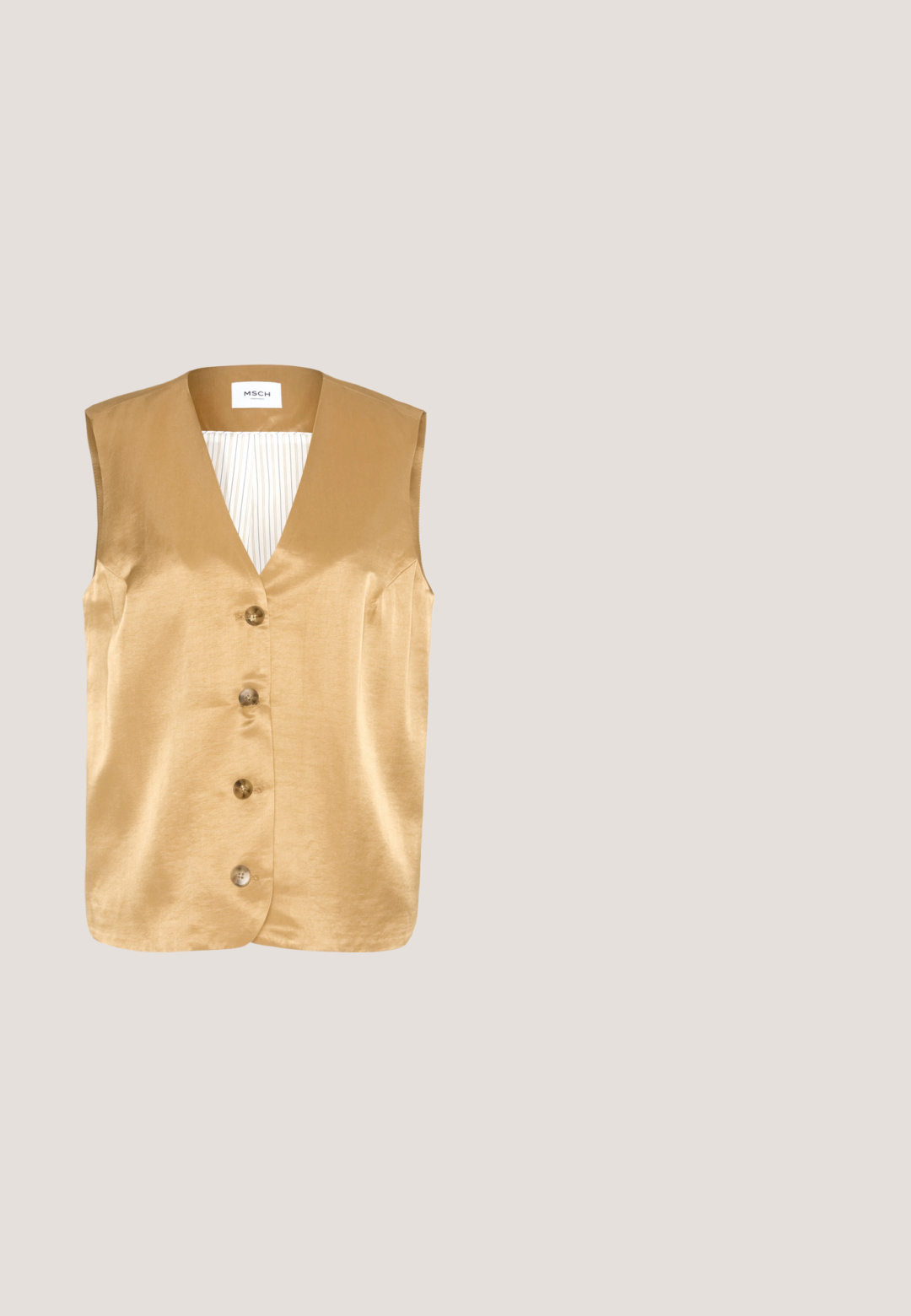MSCH Copenhagen CHULLA WAISTCOAT - Vest - cartouche; Kortærmet hvid striktrøje med rund hals, ribbet tekstur og et lille logo på brystet. Blødt stof med en klassisk pasform.; Lyseblå denim mini nederdel med frontknap og lynlås, bæltestropper og frontlommer.; Brun slip-in sandal med lav træhæl, dekorative gyldne nitter og spænde på den mønstrede stofrem.; Skildpaddedesolbriller med en bred vinkelramme, gradient brune linser, teksturerede arme og guld logoaccent på siden.; Guldtonede hooop øreringe med en glat, rund form og en poleret finish. Har orange detaljer på bagsiden for sikker fastgørelse.