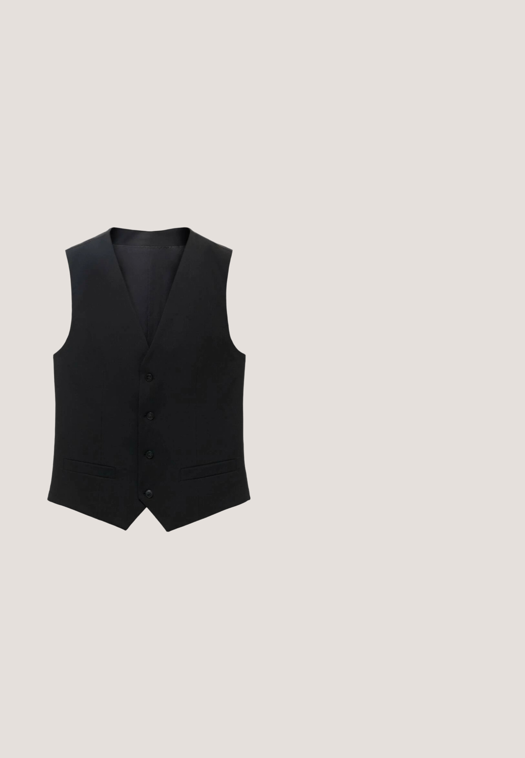 Sort vest med et strømlinet design, der har en dyb V-udskæring, fem knapper og to sidelommer. Lavet af et glat stof.; Mørkegrå langærmet skjorte med knapper, spids krave og manchetter med knapper, vist mod en hvid baggrund.; Sorte shorts lavet af et glat stof med skræddersyet design, der har en frontknaplukning, læg og sidelommer.; Scarosso WILLIAM  - Loafers - black  calf; Sorte og gyldne pilot-solbriller med gradient mørke linser og et tyndt gyldent bro-detalje på en hvid baggrund.; Sort rektangulær læder toilettaske med forreste lynlåslomme og sidelæder håndtag mod hvid baggrund.