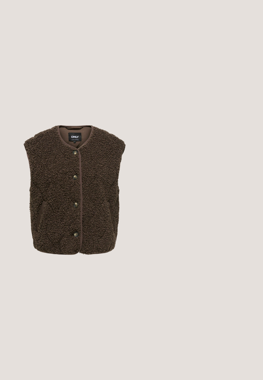 Brown sleeveless button-up fleece vest with a textured surface and two side pockets, labeled with the brand ONLY inside the collar.; Brown hooded sweatshirt with front kangaroo pocket and beige script logos on chest and left sleeve.; Long-sleeve shirt with dark brown body and light pink sleeves and collar, laid flat on a white background.; Wide-leg pants in a deep brown color, made from ribbed fabric. Features a smooth waistband and a label on the lower hem.; Dark brown suede ankle boot with thick platform sole, visible stitching, and pull tab at the back, shown from the side on white background.; Dark brown furry handbag with twisted leather strap, heart-shaped charm, and pom-pom decoration on the front.