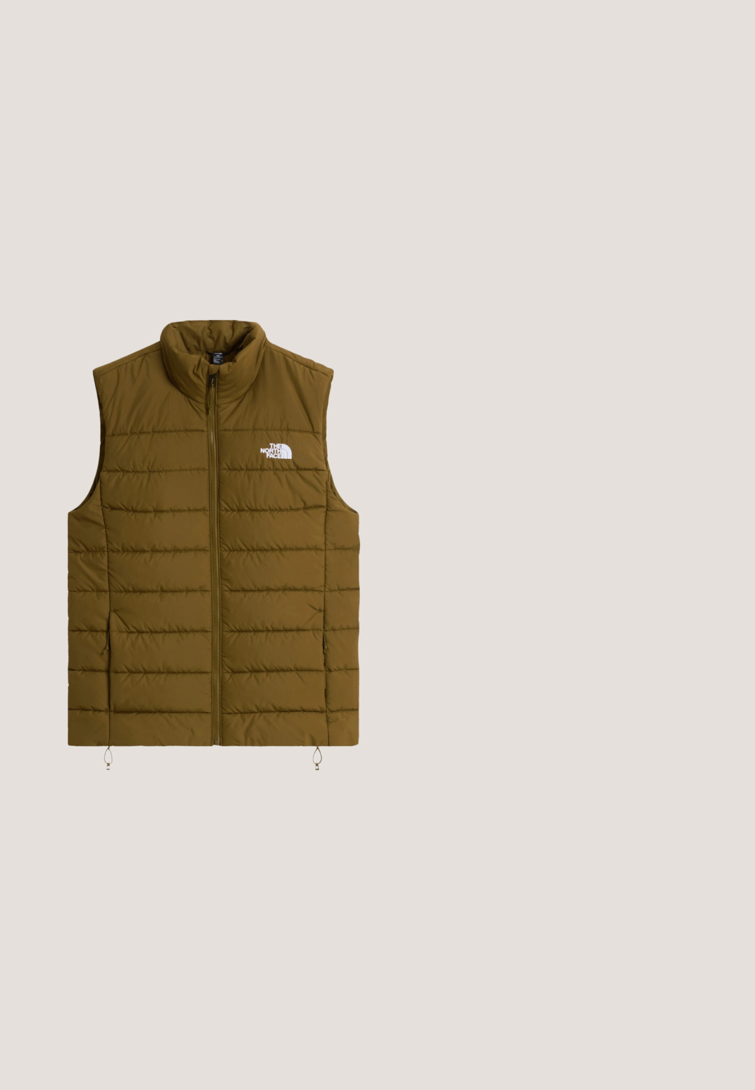 Olivengrøn ærmeløs polstret vest med frontlynlås og The North Face-logo på venstre bryst, med lynlåslommer i siderne.; Hættebluse i mørkegrå stof med frontlomme. Udstyret med et gult "Superdry New York" logo og snore ved hætten.; Hvid polo-shirt lavet af tekstureret bomuld, med en tre-knap lukning, korte ærmer og et sort logo-patch på brystet.; Superdry & Co Cargobukser - telo olive camo; Brun og sort herre-sportsko med cremefarvet tyk sål, snørebånd foran, mesh- og ruskindsoverdel samt mærkelogo på sidepanelet.; Pepe Jeans Skuldertasker - seagrass green