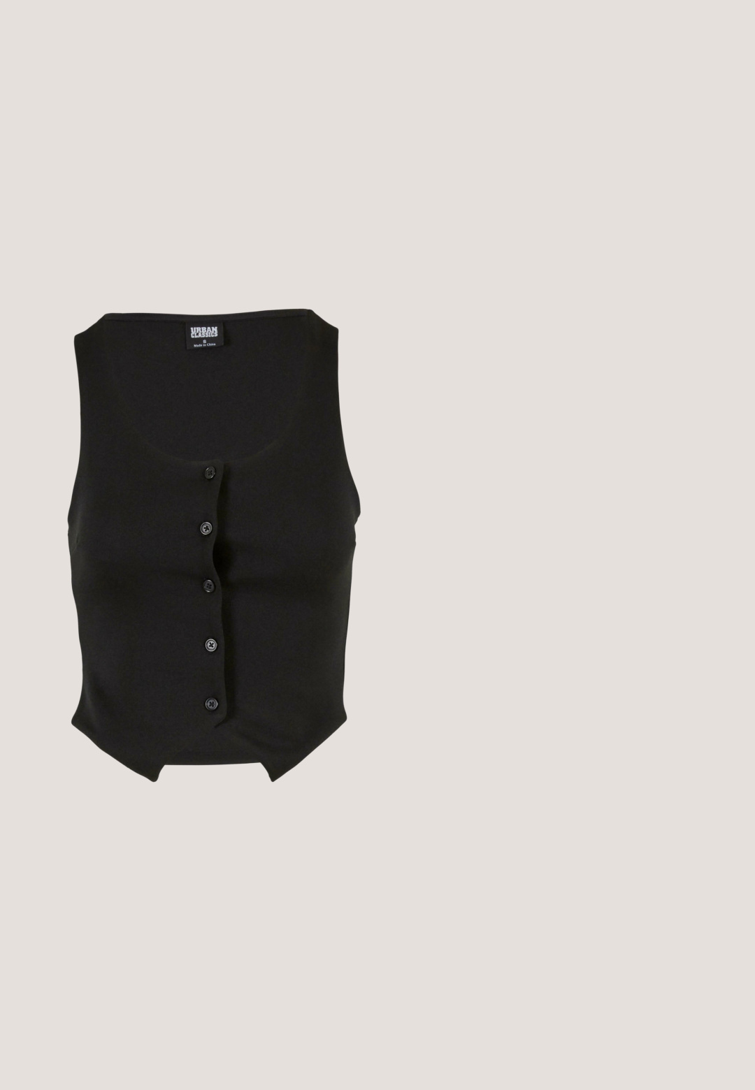 Urban Classics Vest - black; Sort-hvid stribet top med ribbet tekstur, tætsiddende design og bølget kant. Har smalle stropper og en rund halsudskæring.; Sorte shorts med elastisk talje. Blødt stof, enkelt design og let afrundet kant nederst. Ingen synlige mønstre eller logoer.; Sort slidesandal med åben tå, udskåret sidestykke, flad sål og hvid syning på den øverste rem.; Sorte ovale solbriller med tykke stel og mørke glas vist på en ensfarvet hvid baggrund.; usha Shopping bags - black white