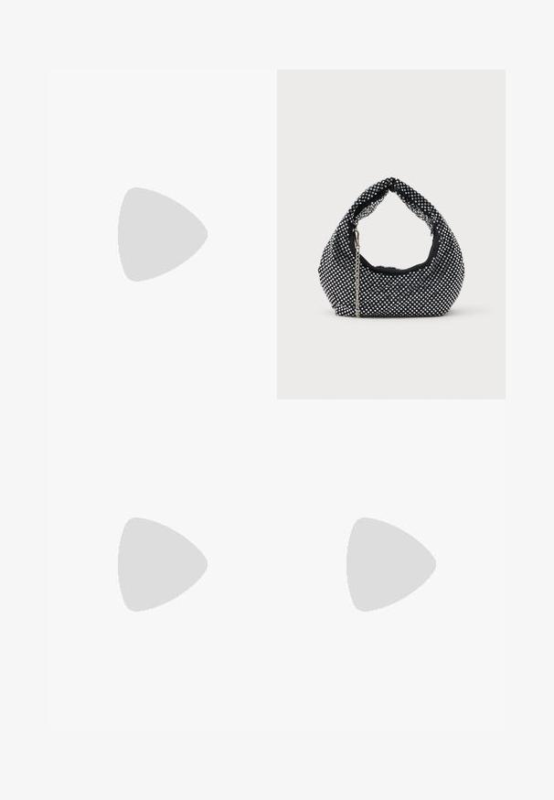 Long sheer black dress with floral lace patterns, short sleeves, and a round neckline with a small back button closure.; Black leather open-toe high-heeled mule with a slim stiletto heel, shown in side profile on a plain background.; Black mesh handbag adorned with silver studs, featuring a curved handle and a chain strap. Soft texture with a rounded shape.; Long silver earrings featuring a cluster of rhinestones at the top and trailing strands of smaller rhinestones hanging below.