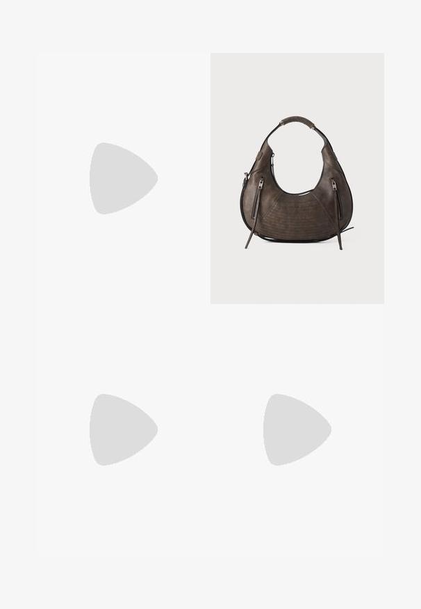 Black jumpsuit with a sleeveless design, featuring a rounded neckline and fitted legs. Material appears smooth and stretchy, with no additional details.; Black leather slip-on mules with a pointed toe, gathered texture, and a small kitten heel. Features a drawstring detail at the opening.; Dark brown crescent-shaped leather handbag with two vertical zippered pockets and a single padded handle.; Pair of silver metal earrings with open wire cage design and smooth central oval shapes casting curved shadows on a white background.