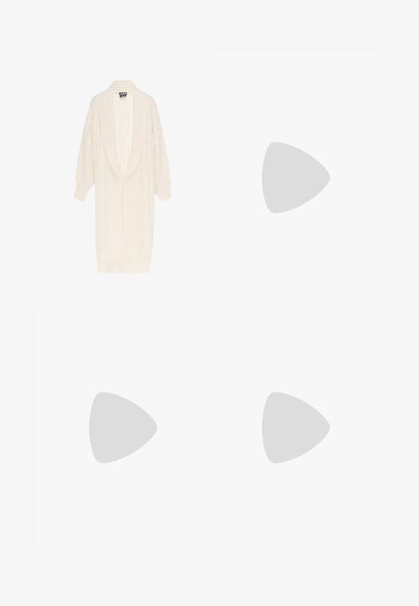 Lange crème kabelgebreide cardigan met brede omslagkraag en geribde manchetten en zoom, met een gestructureerd patroon op de mouwen en voorkant.; Even&Odd by Zalando Jurk - green/pink; ALOHAS ROSALIND BALLET FLATS - Ballerina's - brown; Geweven beige strooien tas met gevlochten groene en zwarte handvatten en een kleurrijke rechthoekige patch aan de voorkant.