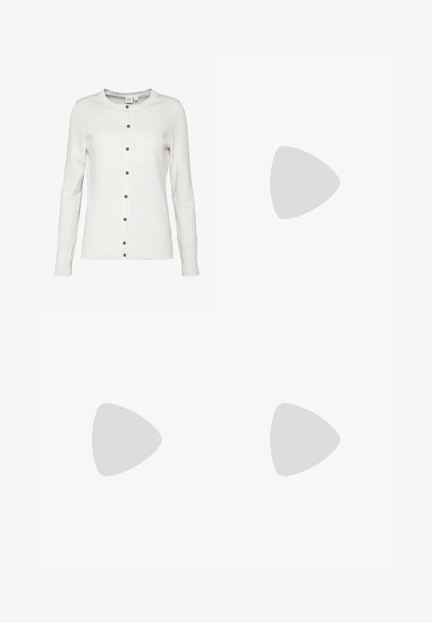 GAP Chaqueta de punto - snowflake milk; Camiseta blanca de manga corta con cuello redondo, corte relajado, hecha de suave tela de algodón. Textura lisa, sin estampados ni logotipos.; Pantalones jogger de color amarillo claro, hechos de una tela suave, que cuentan con una cintura elástica con cordón y bolsillos laterales.; Zapatilla blanca de lona de corte bajo con cordones blancos, suela de goma, detalles de rayas negras y parche de logo en la lengüeta y el talón.
