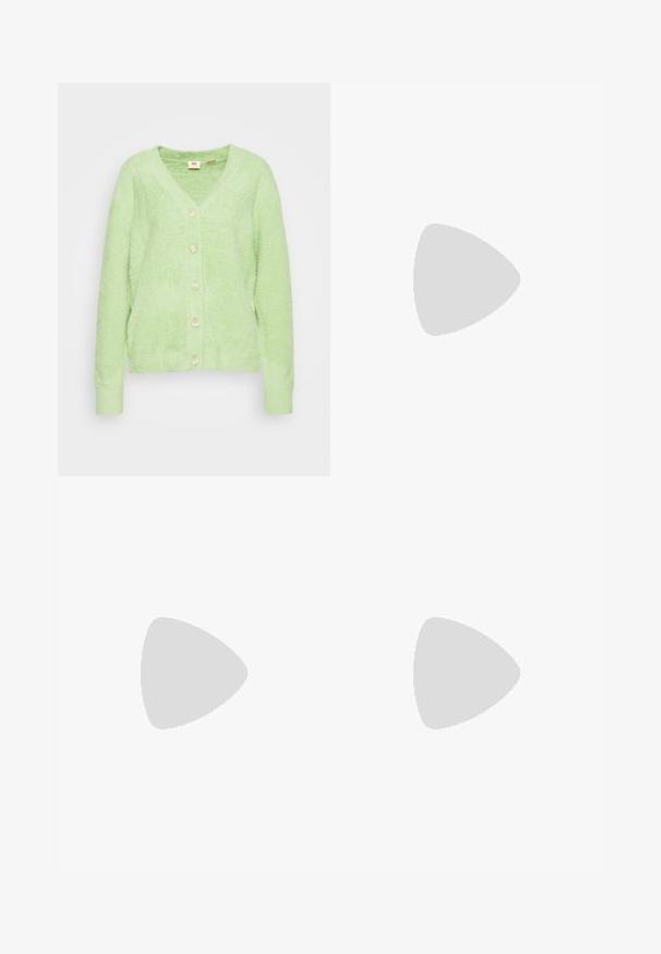 Lichtgroene, fluffy cardigan met een V-hals en zes crèmekleurige knopen aan de voorkant. Ribgebreide boorden en zoom, zachte textuur, casual ontwerp.; Wit T-shirt met korte mouwen met een kleine zwarte hartgrafiek op de linkerborst en een ronde hals.; Zwarte denim jeans met een recht model, vijf zakken, koperen hardware en een gladde textuur. Twee labels zichtbaar op de tailleband.; Zwarte hooggesloten canvas sneaker met witte rubberen zool en witte veters, zijwaarts weergegeven op een witte achtergrond.